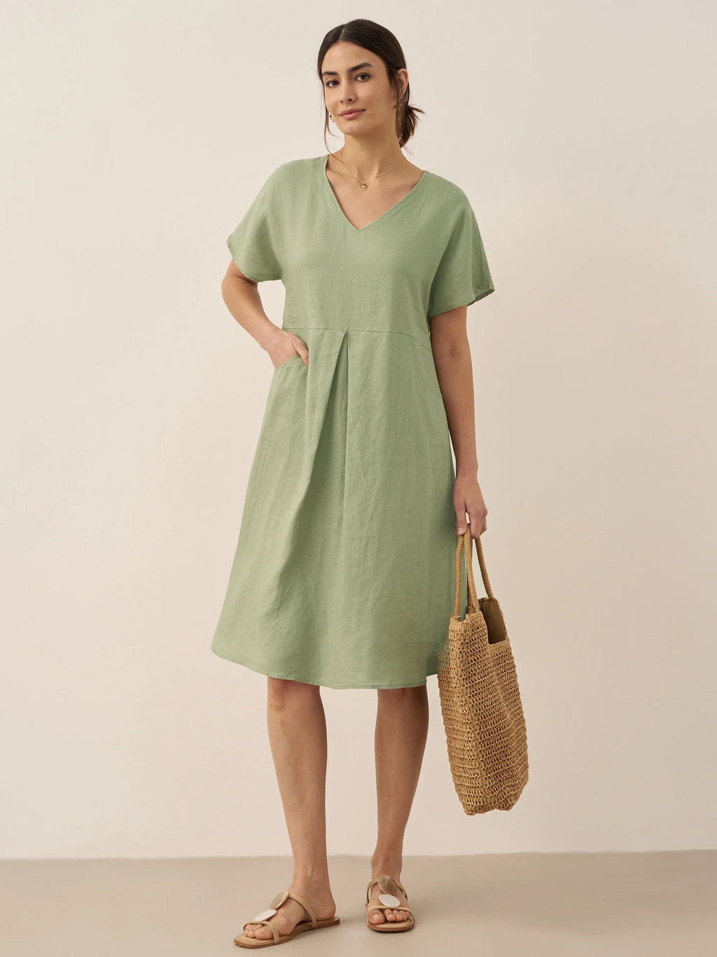 LINTICO 100% Linen V-Neck Pockets Swing Dress AINSLEY — main product shot