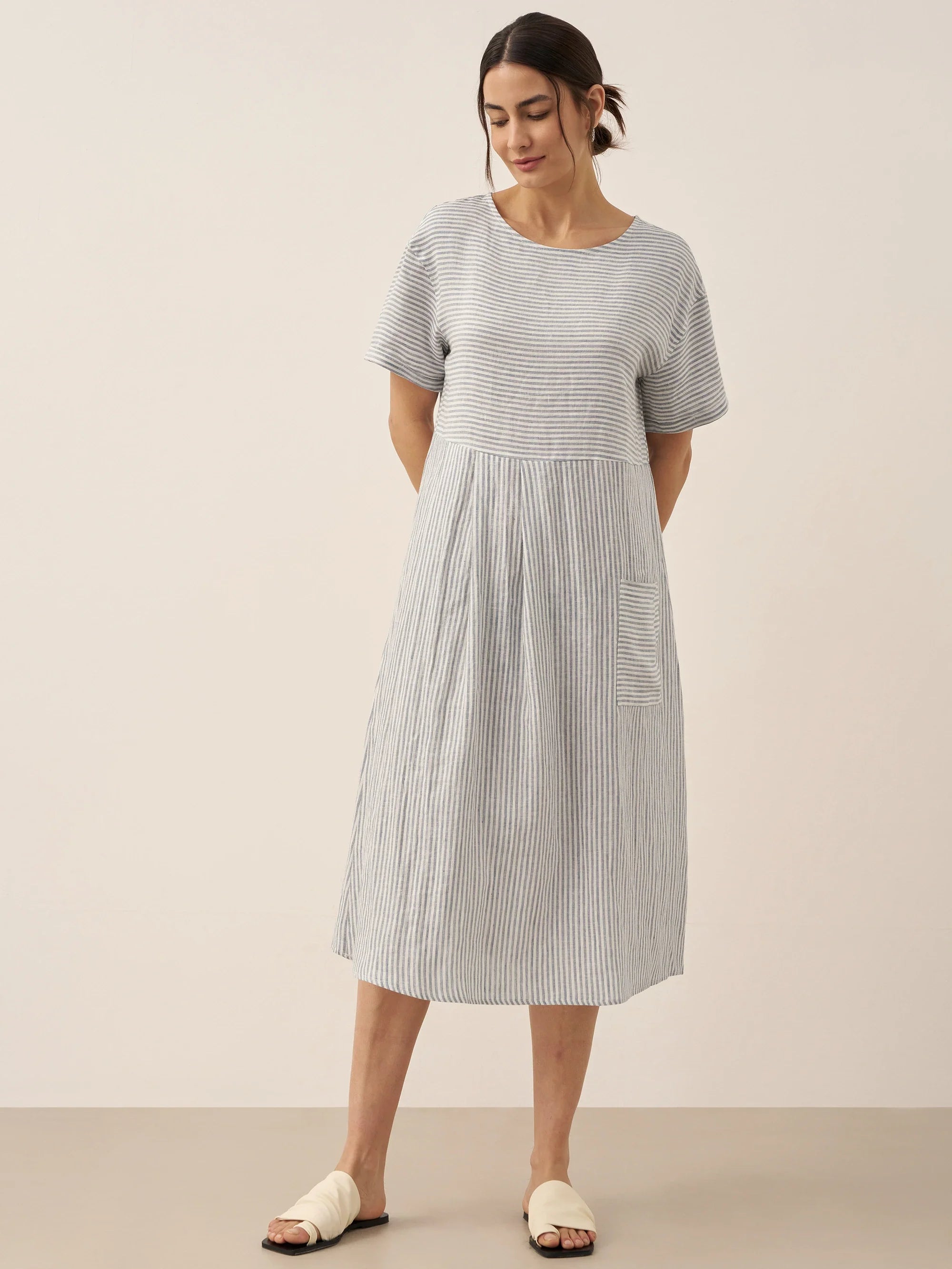 LINTICO 100% Linen Pinstripe Paneled Short-Sleeved Dress MORGAN — detail shot 6