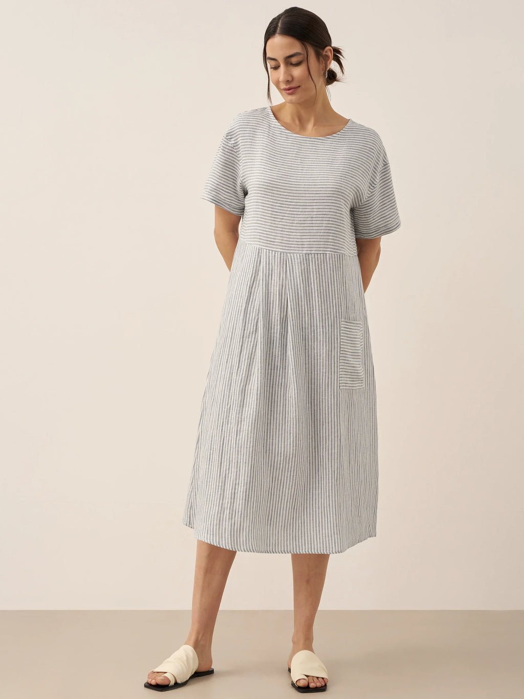 LINTICO 100% Linen Pinstripe Paneled Short-Sleeved Dress MORGAN — product on model