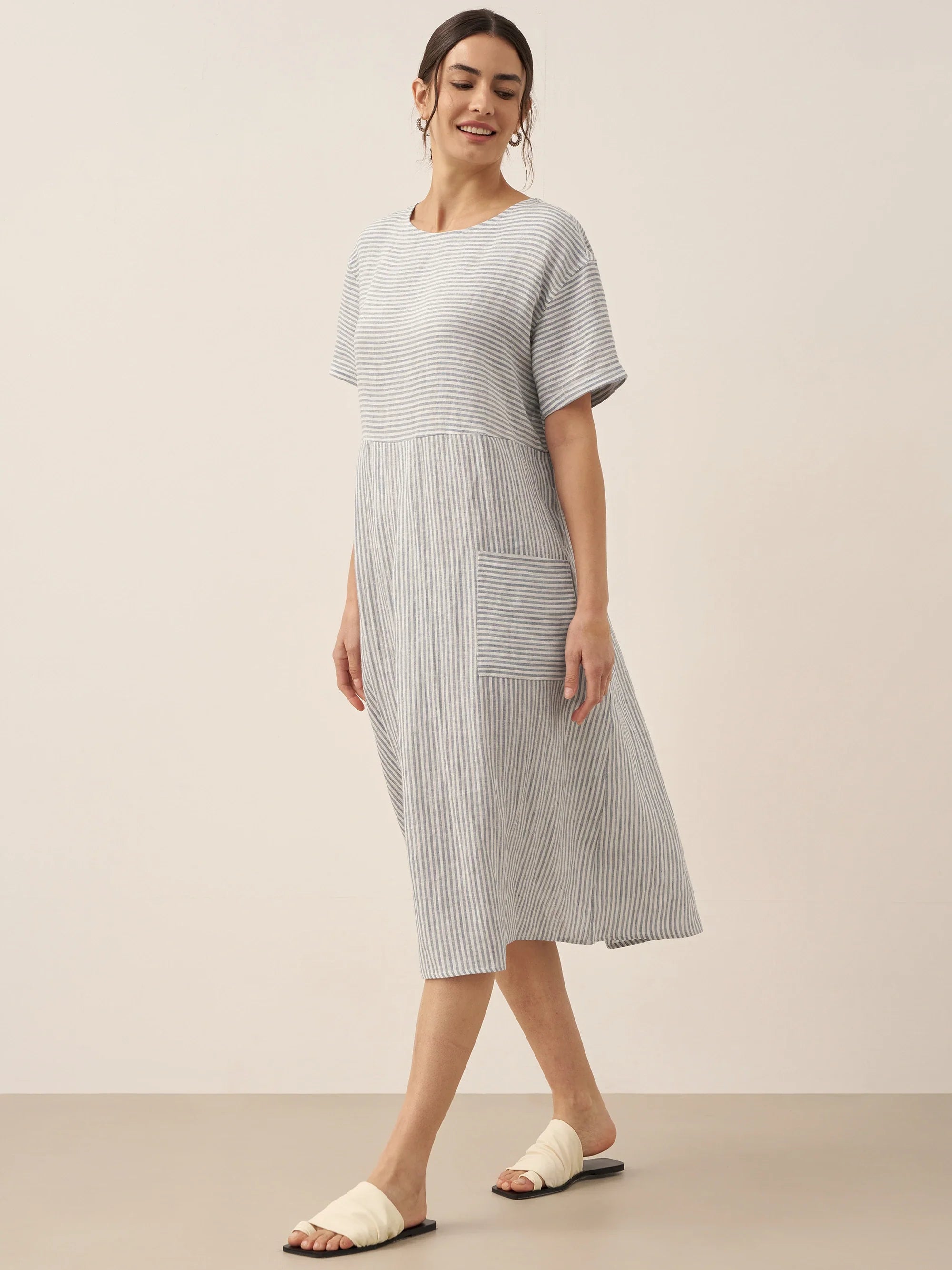 LINTICO 100% Linen Pinstripe Paneled Short-Sleeved Dress MORGAN — detail shot 8