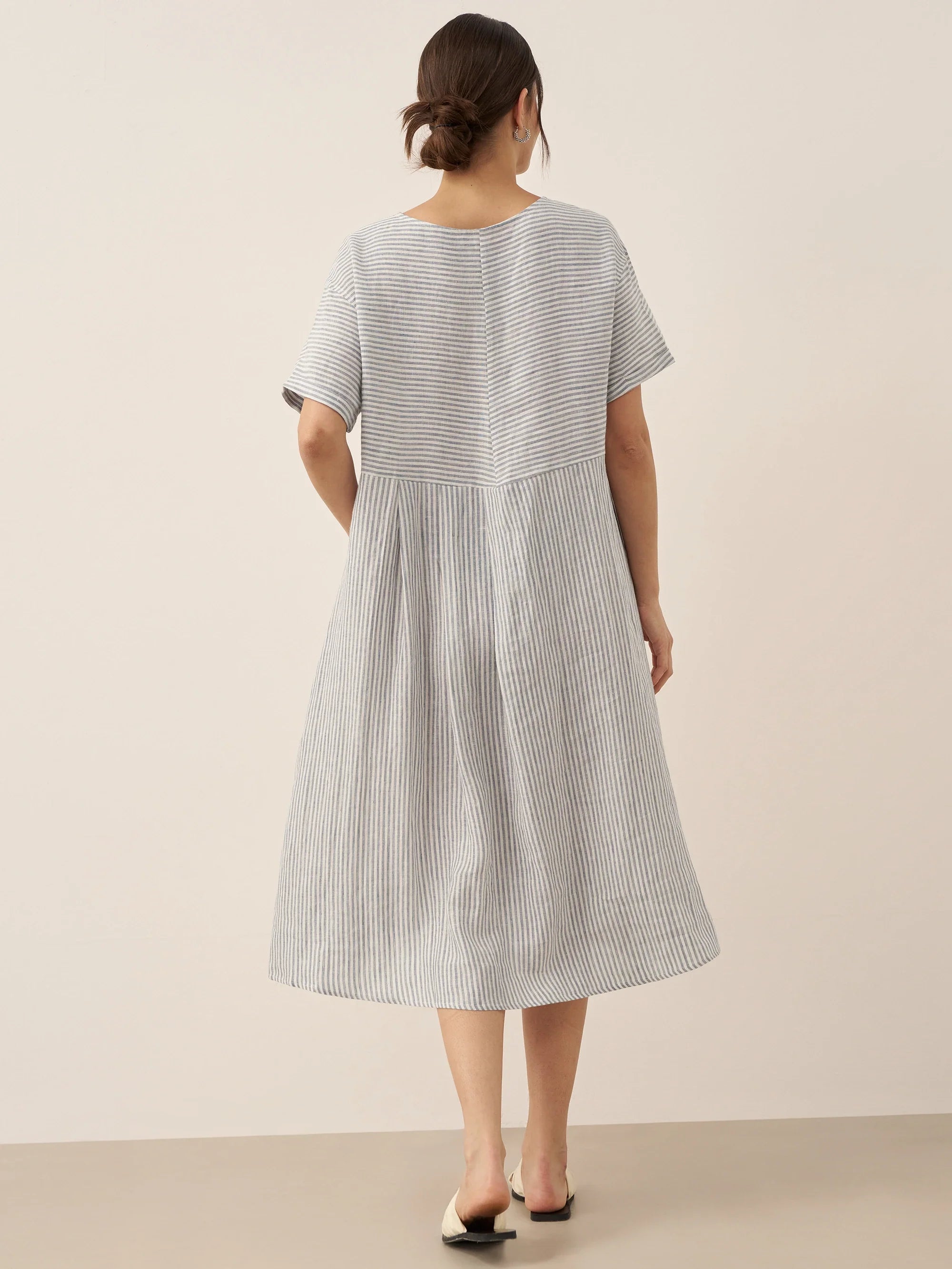 LINTICO 100% Linen Pinstripe Paneled Short-Sleeved Dress MORGAN — feature highlight