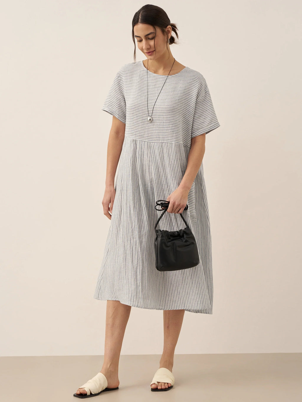 LINTICO 100% Linen Pinstripe Paneled Short-Sleeved Dress MORGAN — flat-lay composition