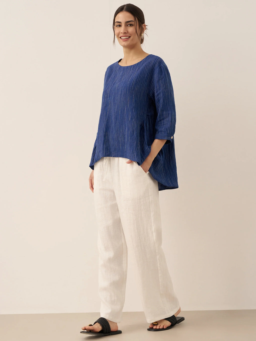 LINTICO 100% Linen Round Neck Artistic Stripe Top FLORENCE — lifestyle worn / used context
