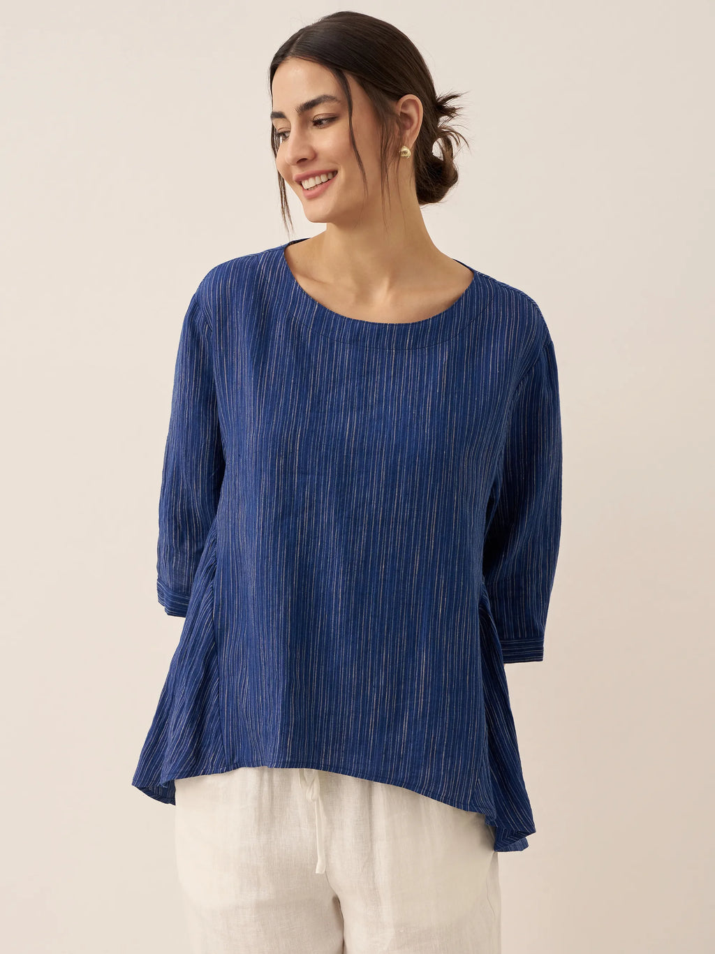LINTICO 100% Linen Round Neck Artistic Stripe Top FLORENCE — main product shot