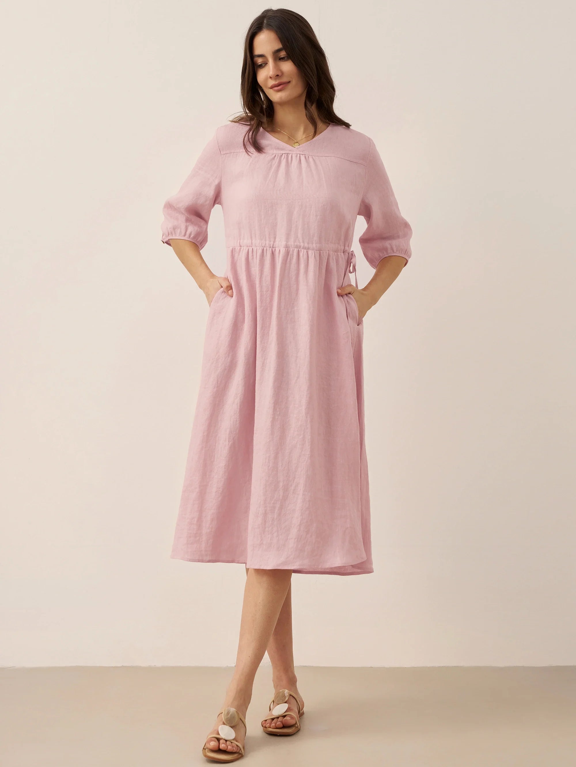 LINTICO 100% Linen A-Line Drawstring Waist Midi Dress DIXIE — LINTICO branding close-up