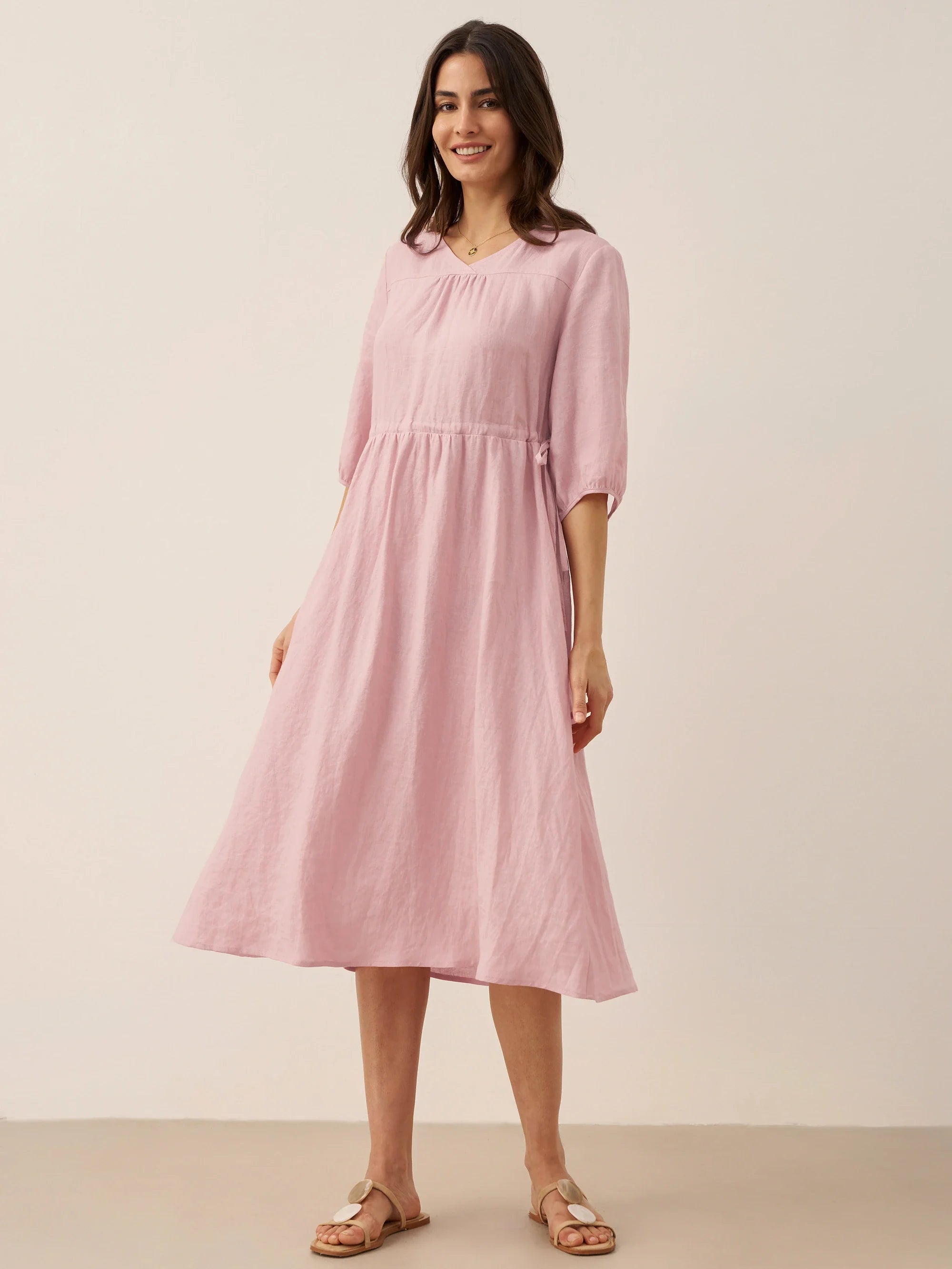 LINTICO 100% Linen A-Line Drawstring Waist Midi Dress DIXIE — main product shot