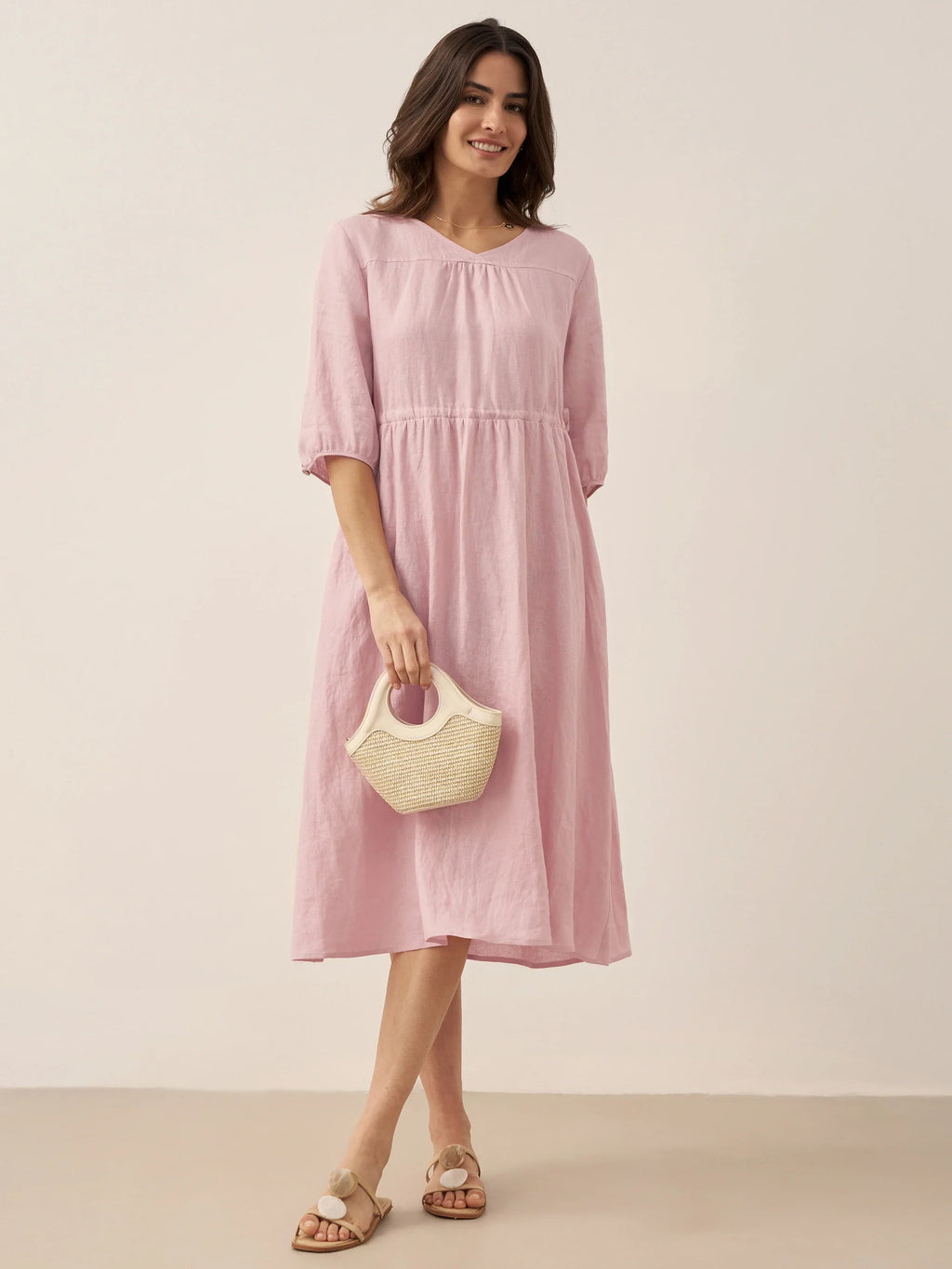 LINTICO 100% Linen A-Line Drawstring Waist Midi Dress DIXIE — lifestyle worn / used context