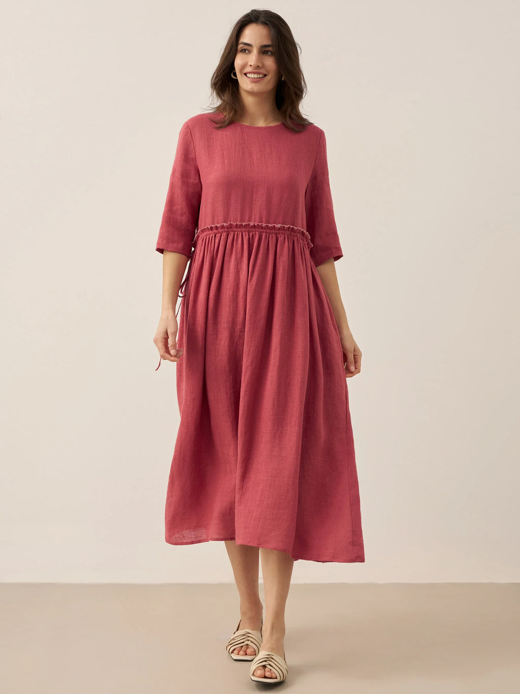 LINTICO 100% Linen Petal-Waist Drawstring Midi Dress JASMINE — detail close-up