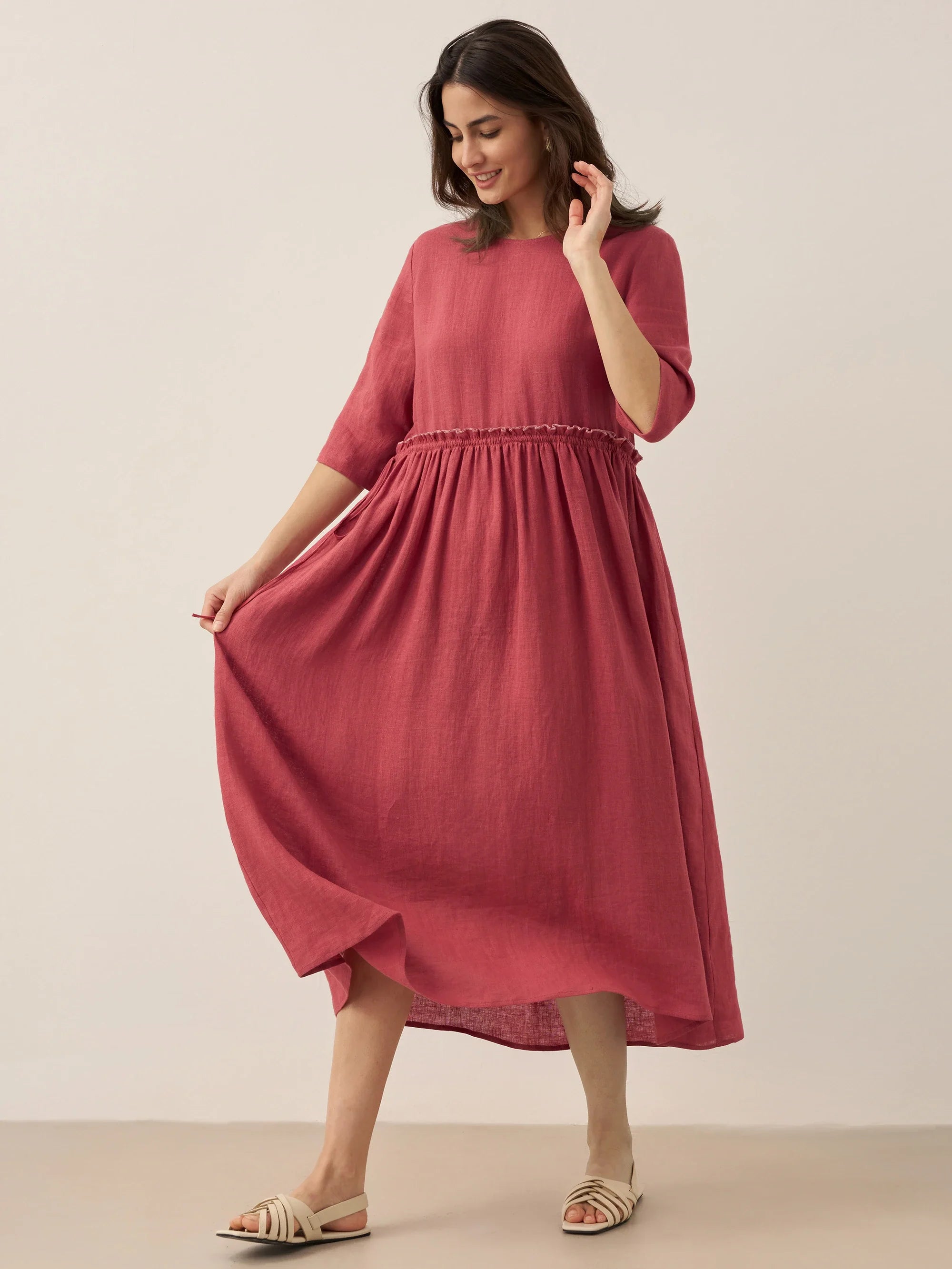 LINTICO 100% Linen Petal-Waist Drawstring Midi Dress JASMINE — lifestyle context