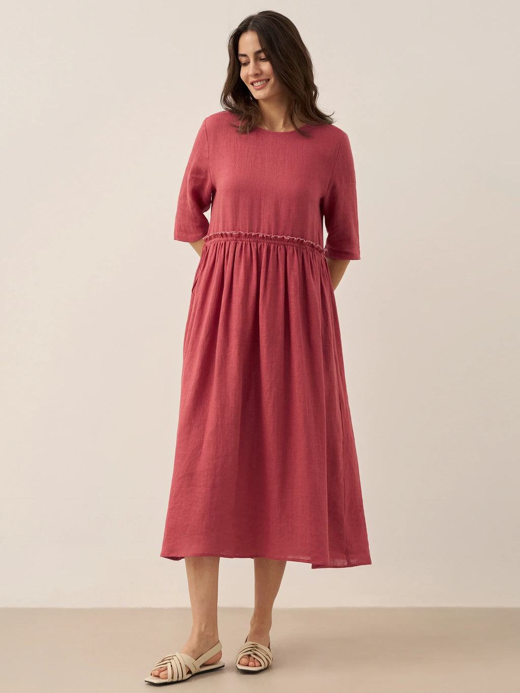 LINTICO 100% Linen Petal-Waist Drawstring Midi Dress JASMINE — back view