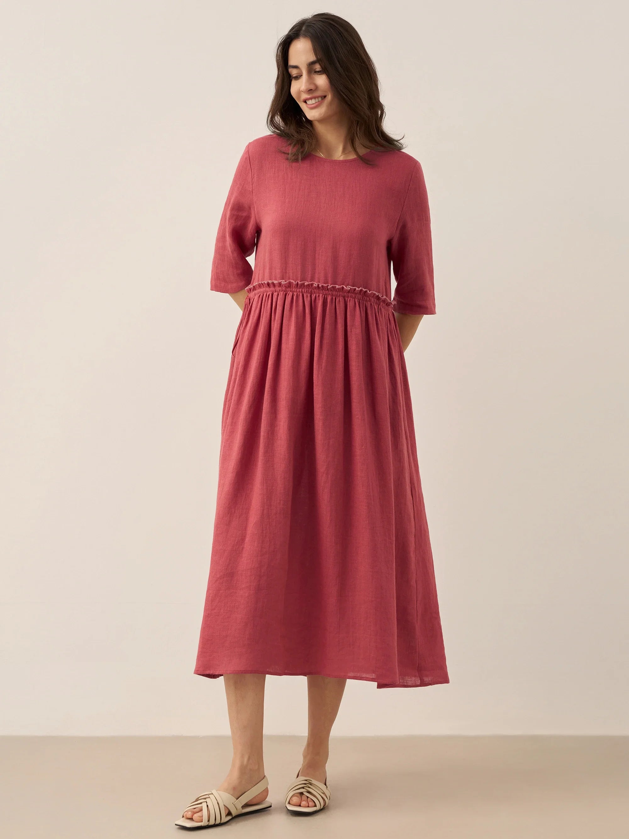 LINTICO 100% Linen Petal-Waist Drawstring Midi Dress JASMINE — back view