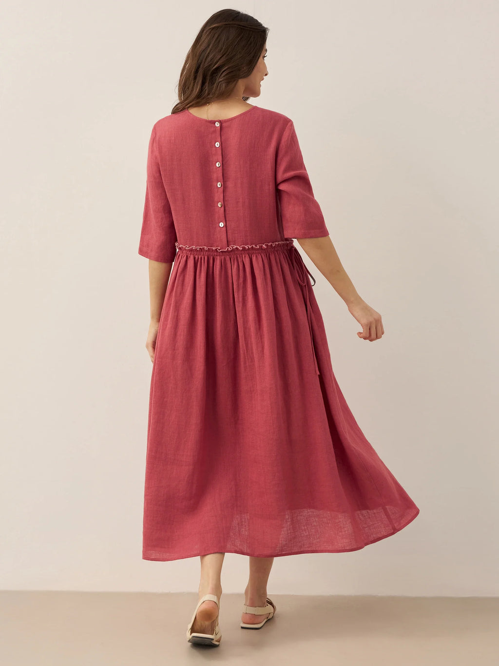 LINTICO 100% Linen Petal-Waist Drawstring Midi Dress JASMINE — side view