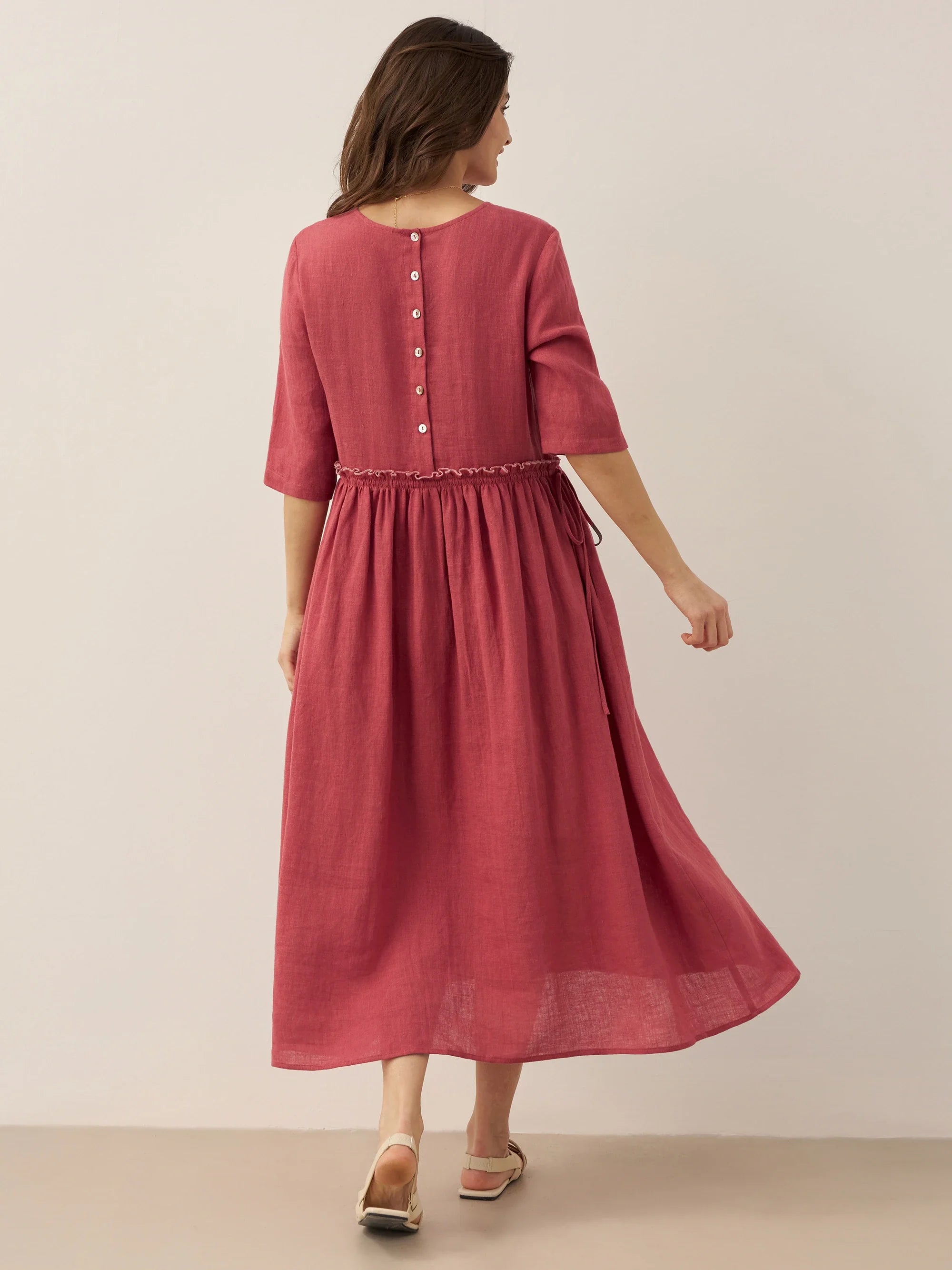 LINTICO 100% Linen Petal-Waist Drawstring Midi Dress JASMINE — side view