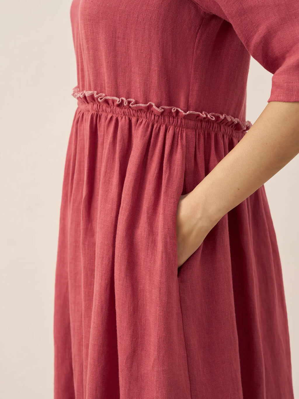 LINTICO 100% Linen Petal-Waist Drawstring Midi Dress JASMINE — in-use photo