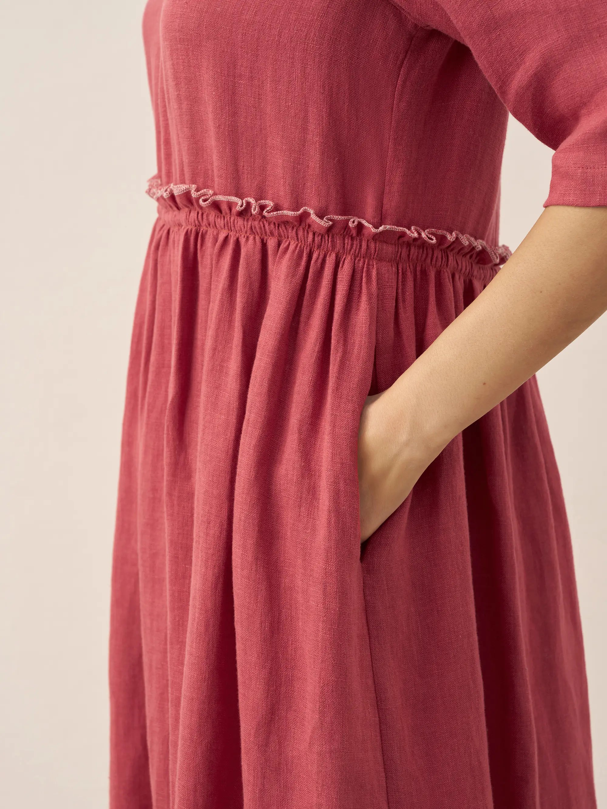 LINTICO 100% Linen Petal-Waist Drawstring Midi Dress JASMINE — in-use photo