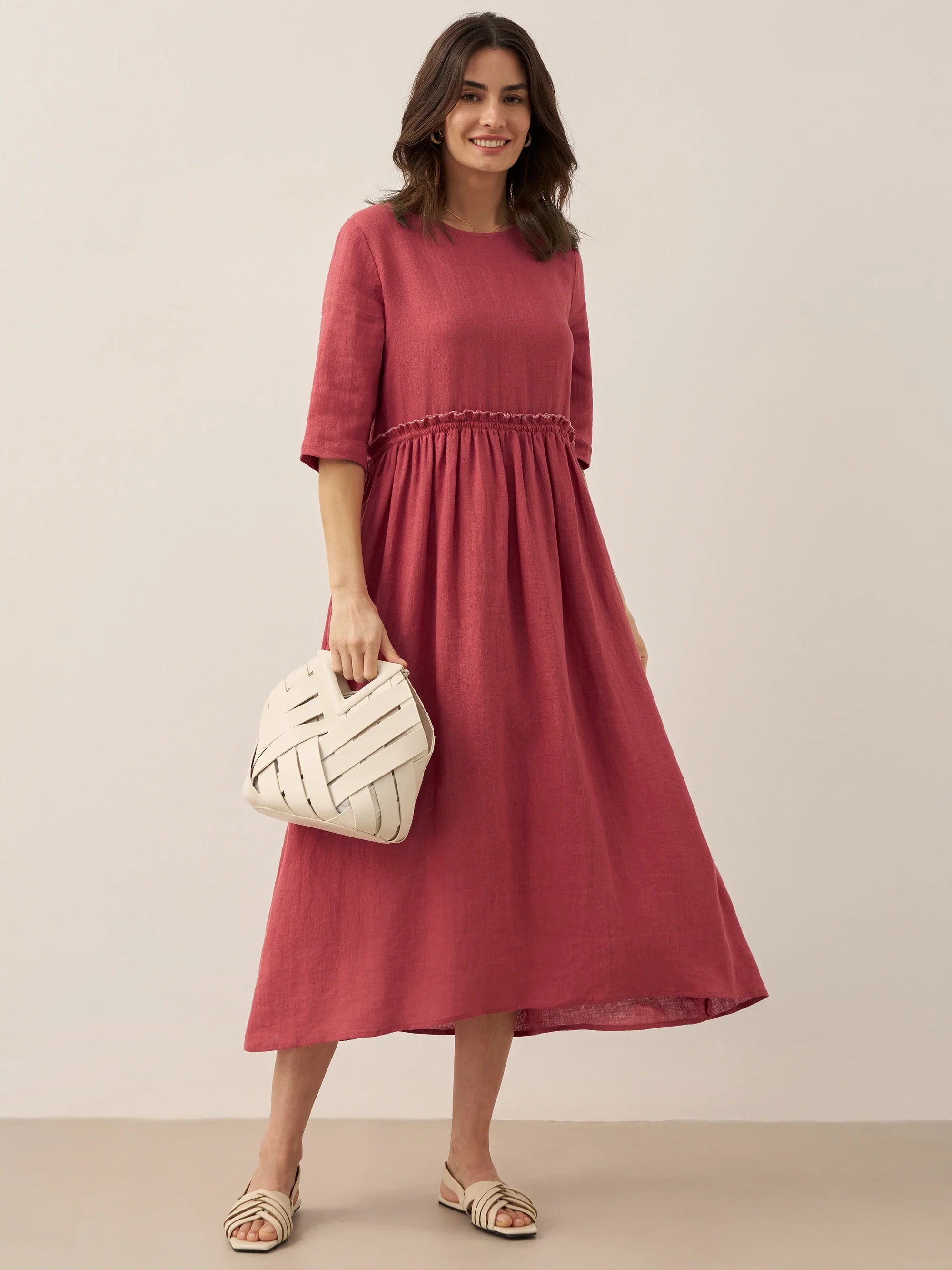 LINTICO 100% Linen Petal-Waist Drawstring Midi Dress JASMINE — alternative angle