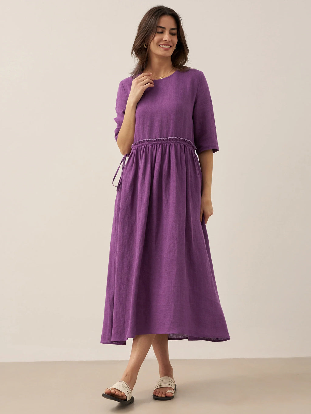 LINTICO 100% Linen Petal-Waist Drawstring Midi Dress JASMINE — detail shot 9
