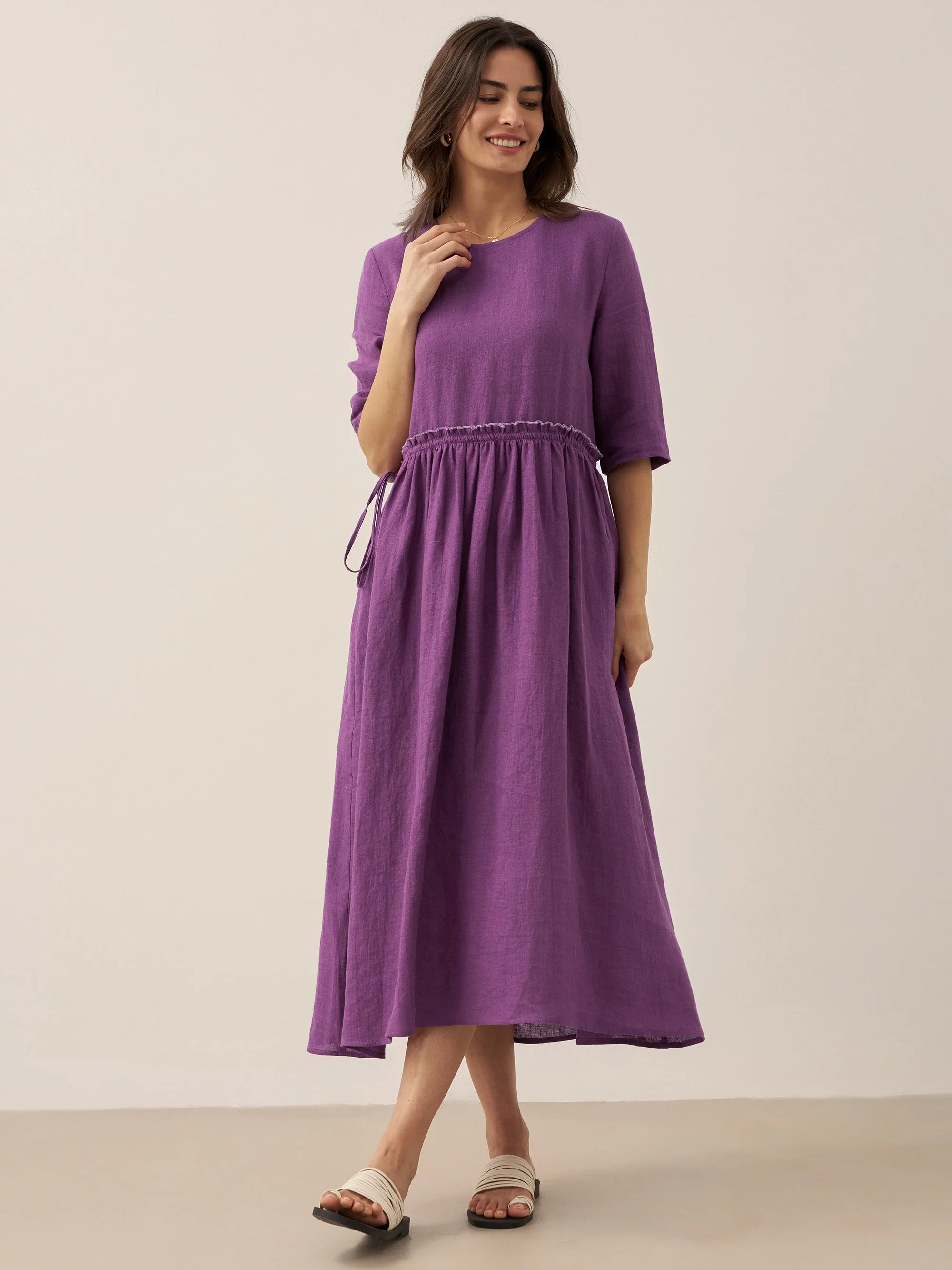 LINTICO 100% Linen Petal-Waist Drawstring Midi Dress JASMINE — detail shot 9