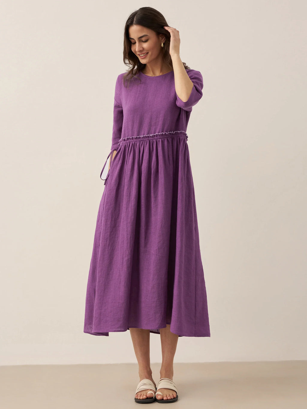 LINTICO 100% Linen Petal-Waist Drawstring Midi Dress JASMINE — fabric or material detail