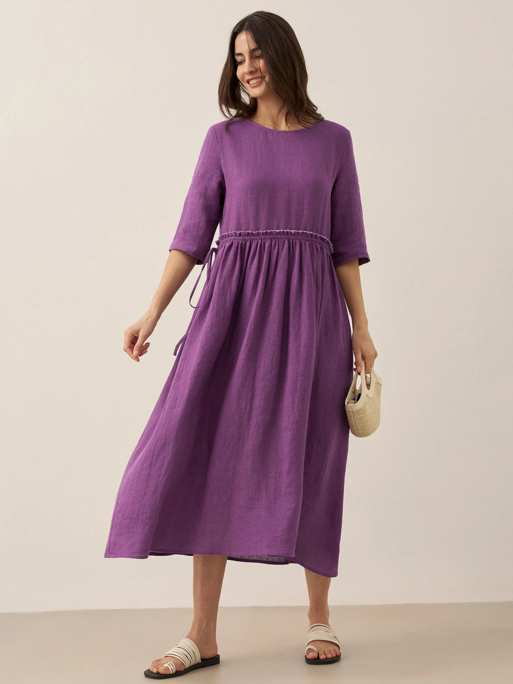 LINTICO 100% Linen Petal-Waist Drawstring Midi Dress JASMINE — detail shot 10