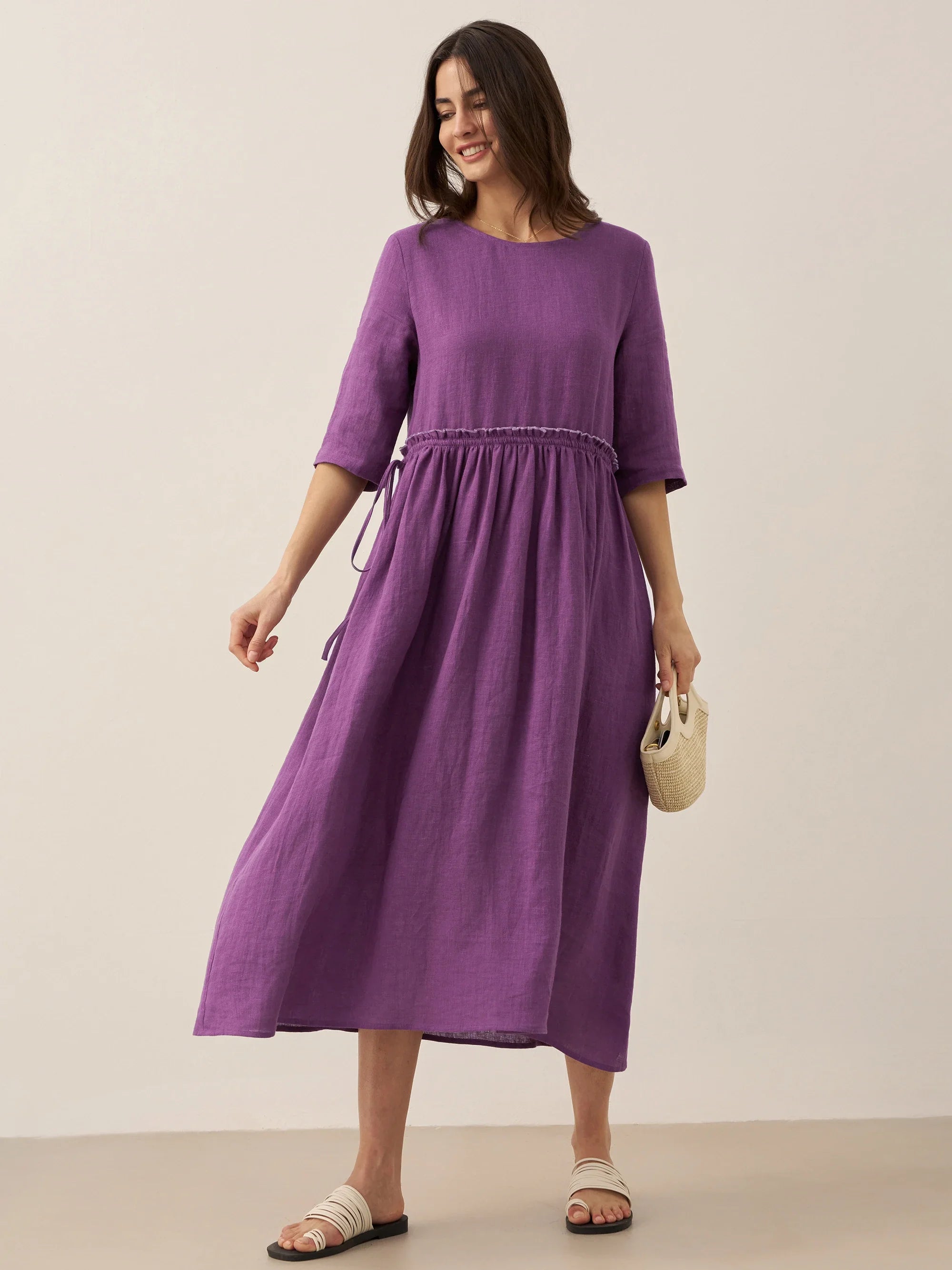 LINTICO 100% Linen Petal-Waist Drawstring Midi Dress JASMINE — detail shot 10