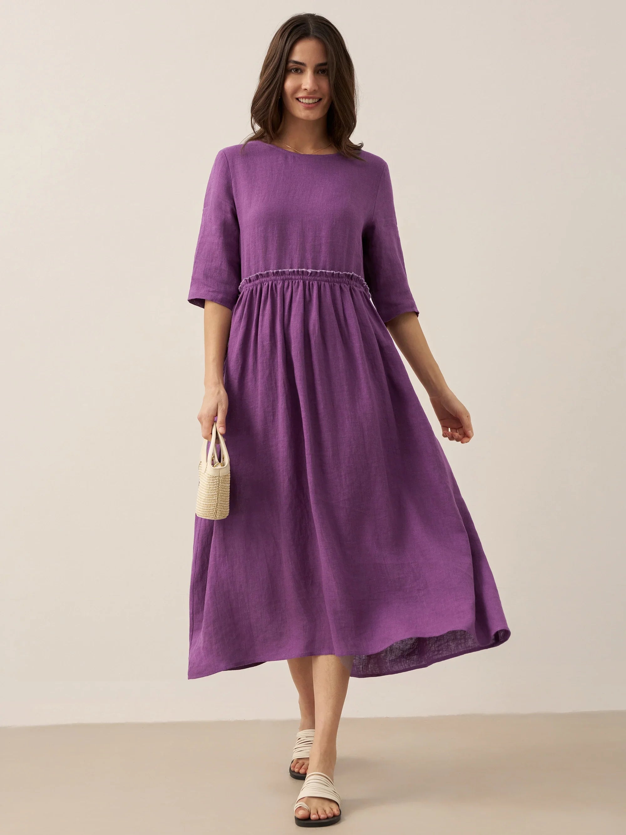 LINTICO 100% Linen Petal-Waist Drawstring Midi Dress JASMINE — feature highlight