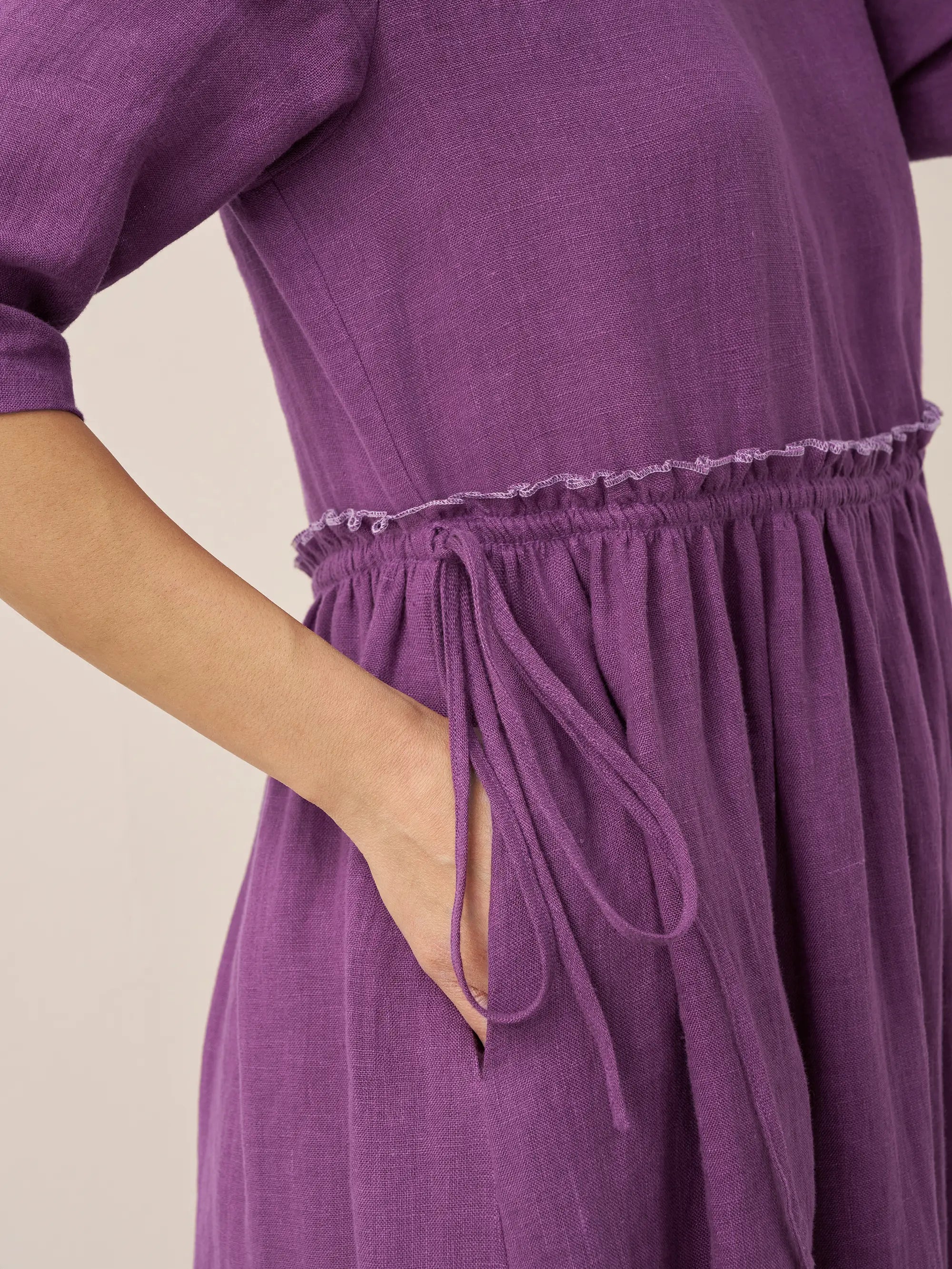 LINTICO 100% Linen Petal-Waist Drawstring Midi Dress JASMINE — main product shot