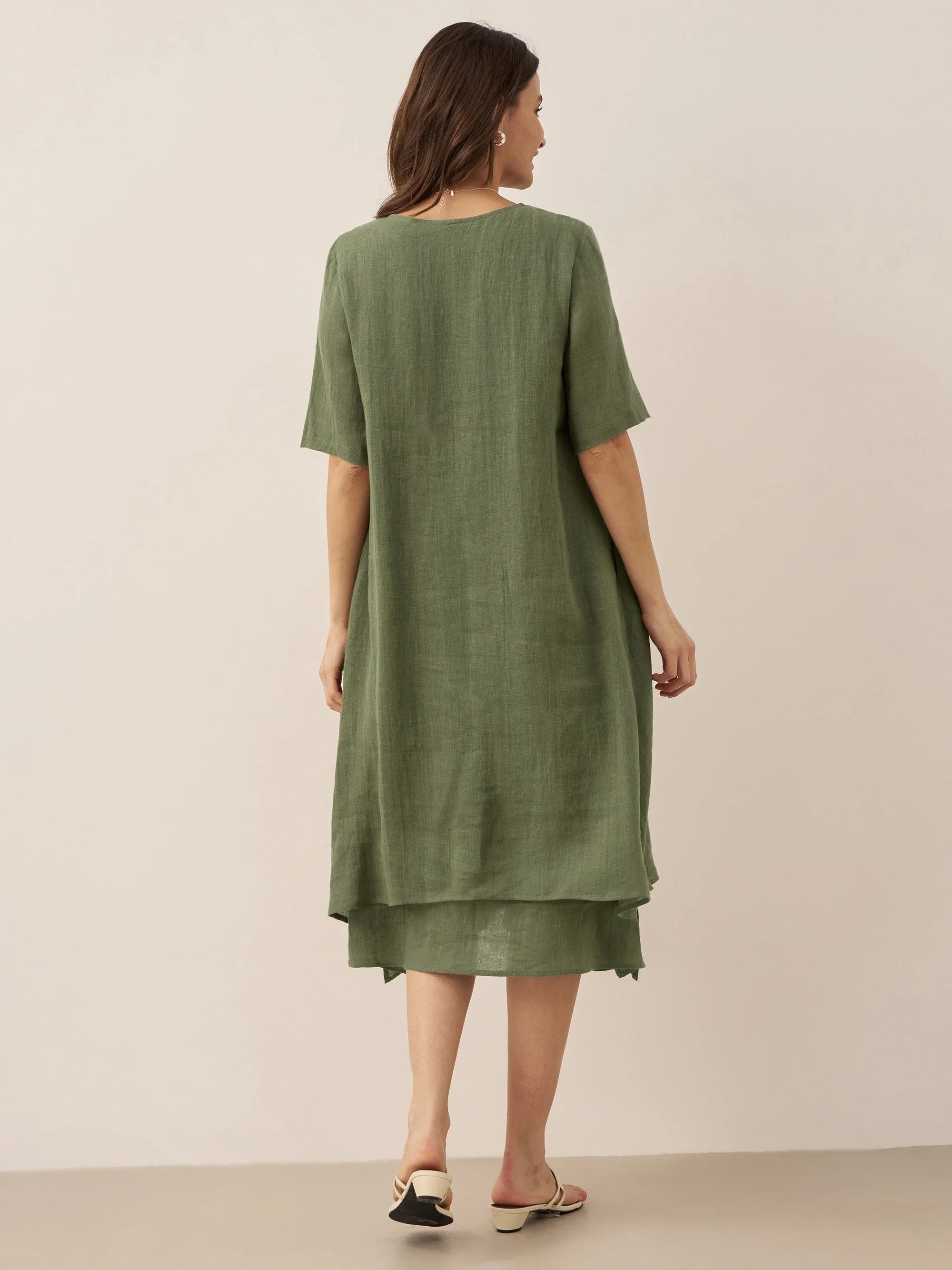 LINTICO 100% Linen V-Neck Double-Layer Midi Dress JAYDA — feature highlight