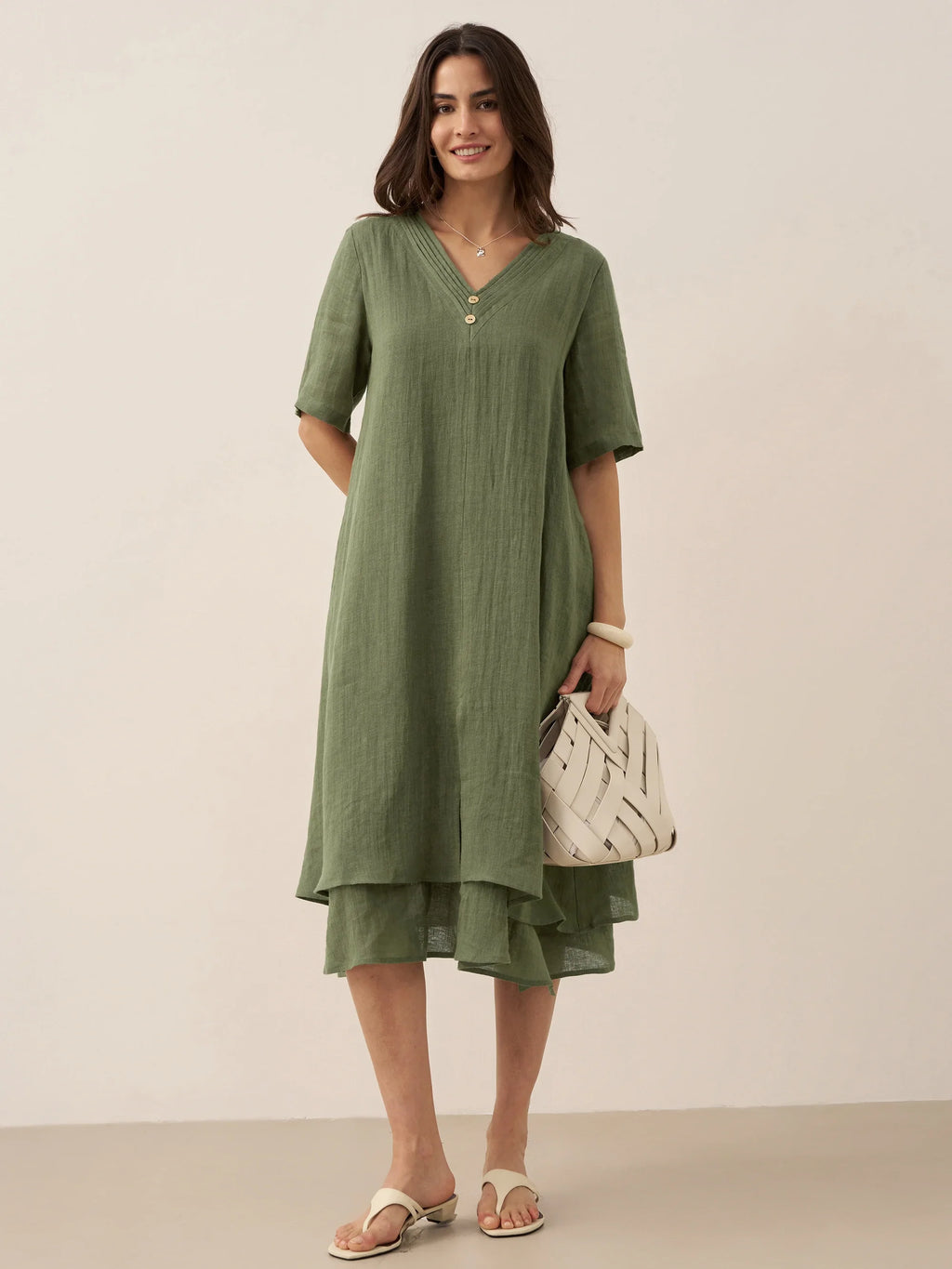 LINTICO 100% Linen V-Neck Double-Layer Midi Dress JAYDA — flat-lay composition