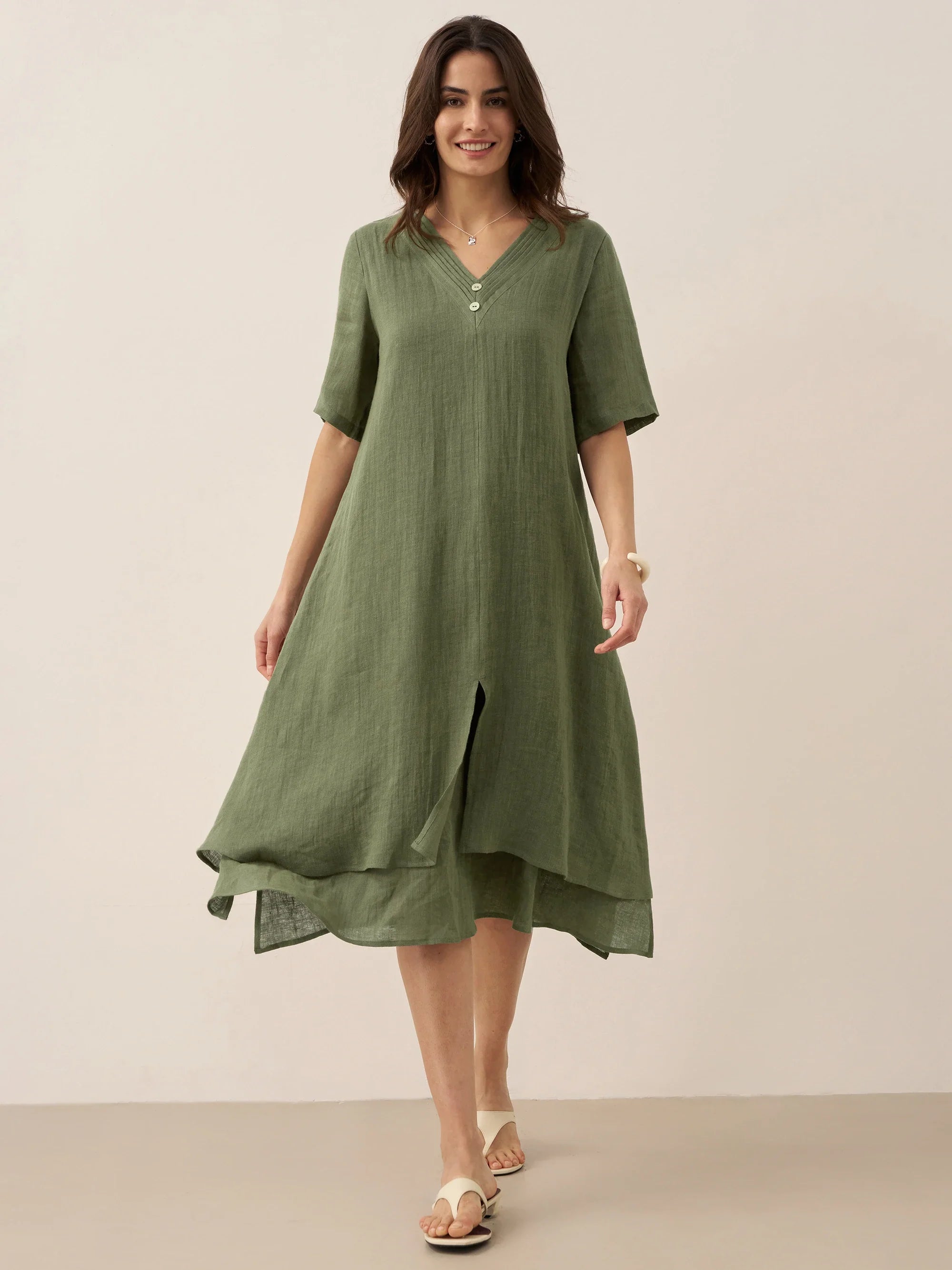 LINTICO 100% Linen V-Neck Double-Layer Midi Dress JAYDA — detail shot 9