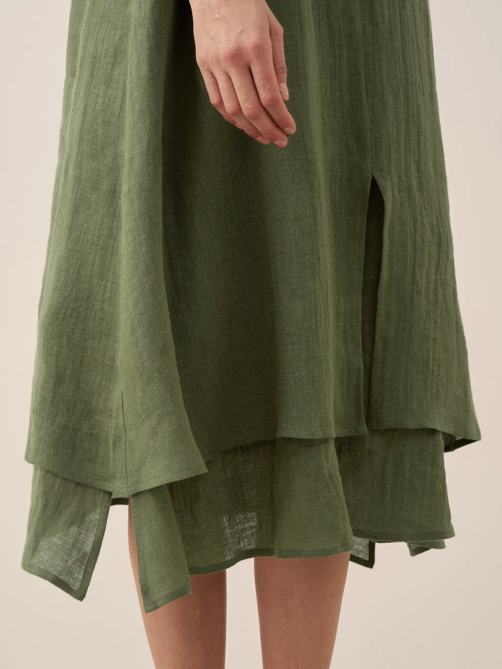 LINTICO 100% Linen V-Neck Double-Layer Midi Dress JAYDA — side view