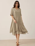 LINTICO 100% Linen V-Neck Double-Layer Midi Dress JAYDA — back view
