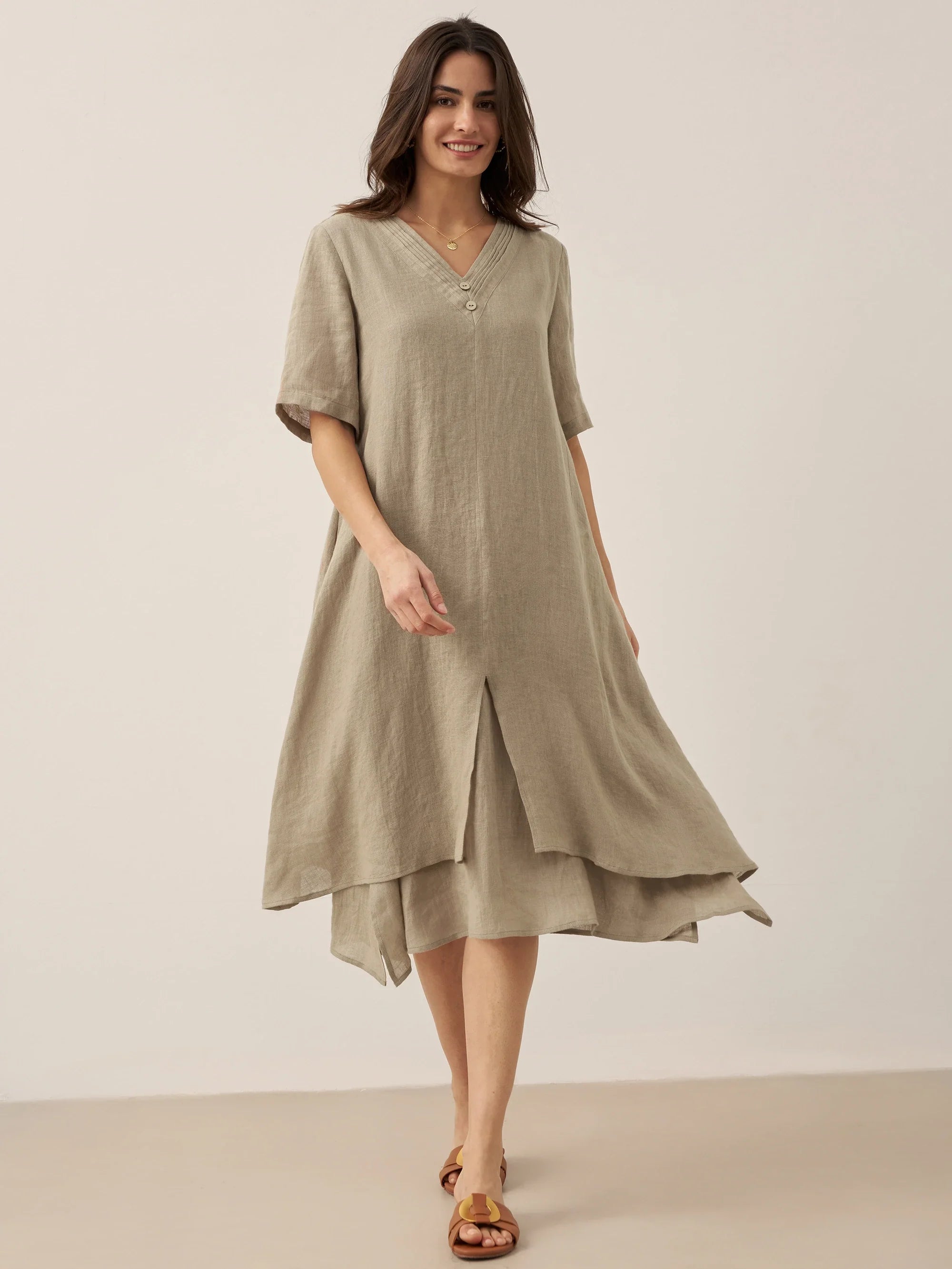 LINTICO 100% Linen V-Neck Double-Layer Midi Dress JAYDA — back view