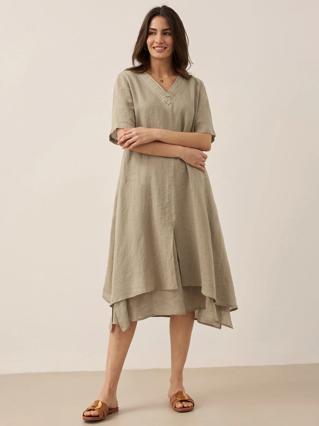 LINTICO 100% Linen V-Neck Double-Layer Midi Dress JAYDA — alternative angle