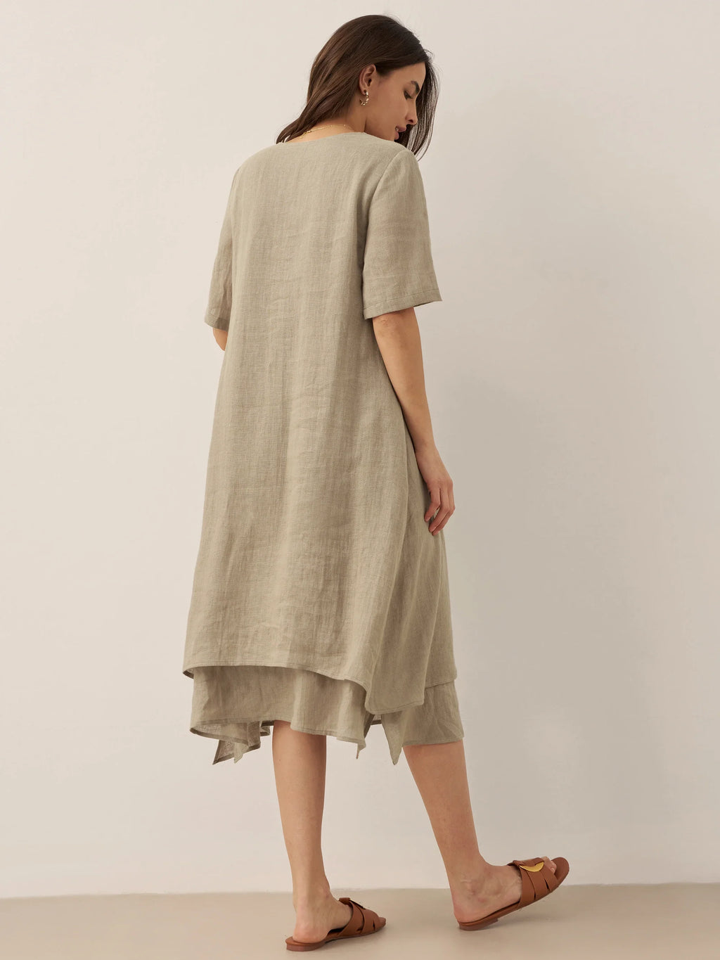 LINTICO 100% Linen V-Neck Double-Layer Midi Dress JAYDA — in-use photo