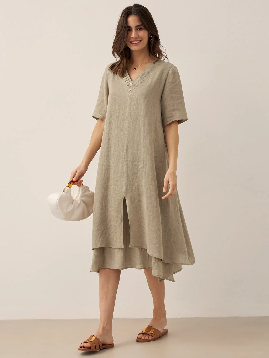 LINTICO 100% Linen V-Neck Double-Layer Midi Dress JAYDA — size reference