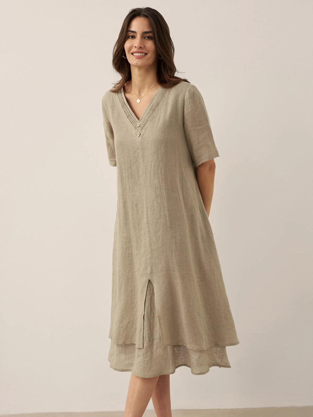 LINTICO 100% Linen V-Neck Double-Layer Midi Dress JAYDA — color detail