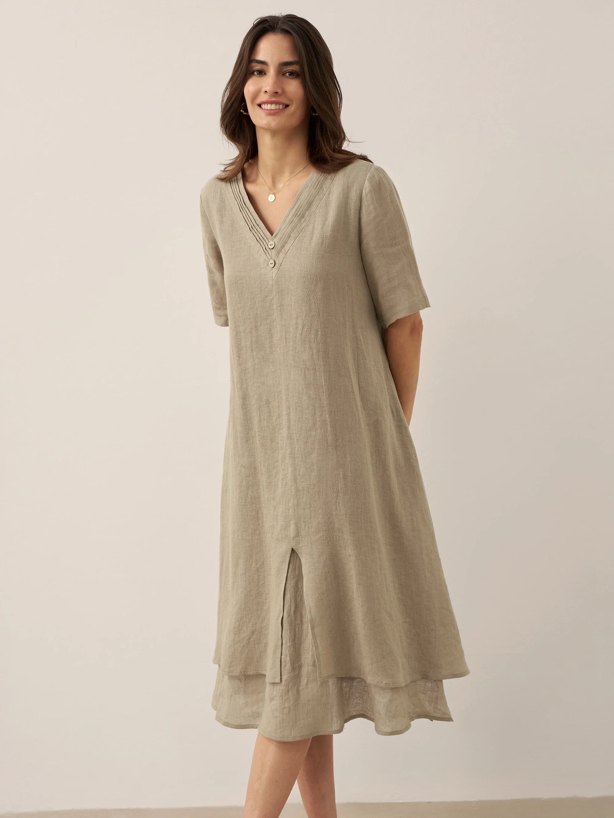 LINTICO 100% Linen V-Neck Double-Layer Midi Dress JAYDA — color detail