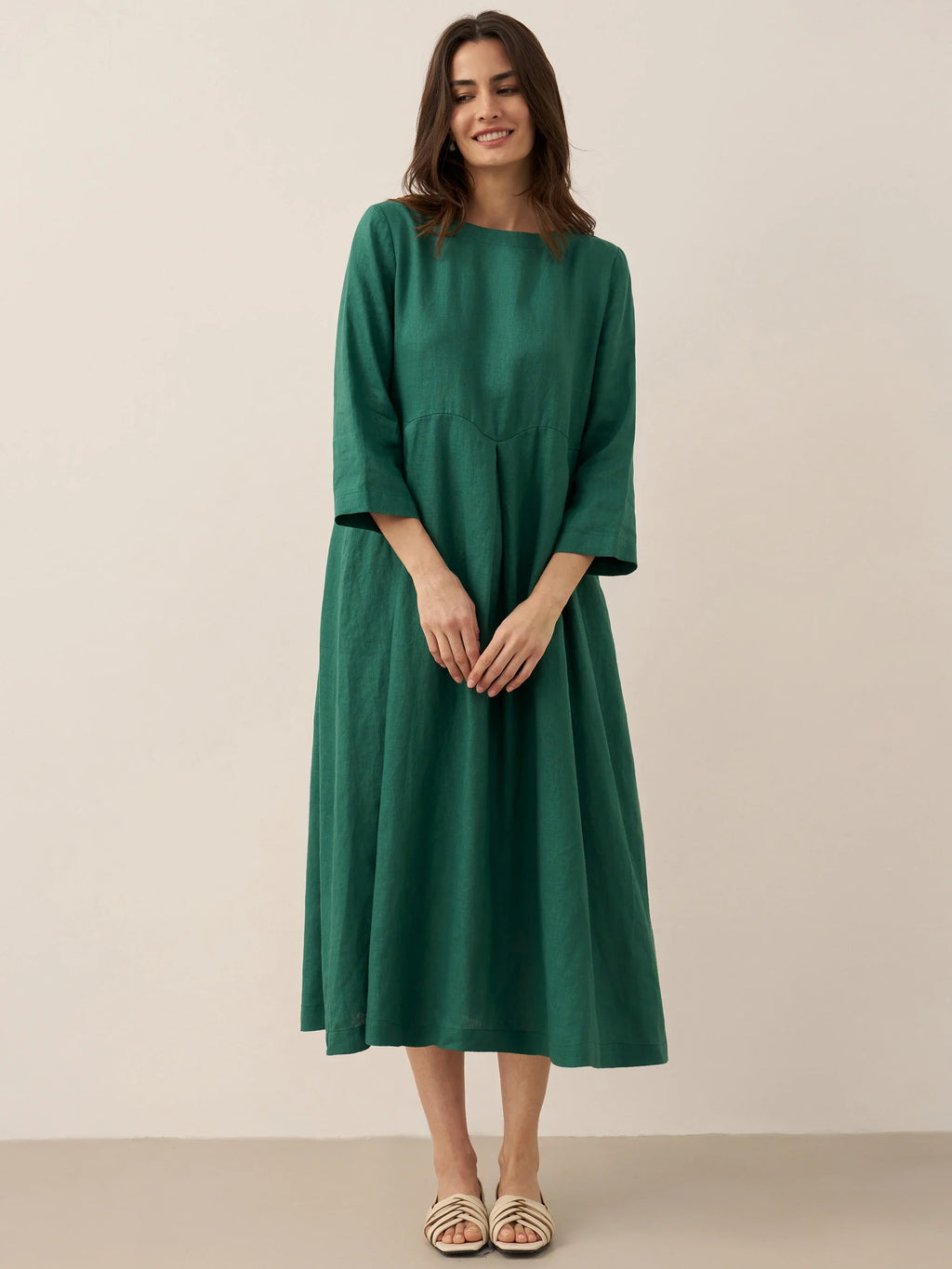LINTICO 100% Linen Bateau Neck Pleated Maxi Dress — main product shot