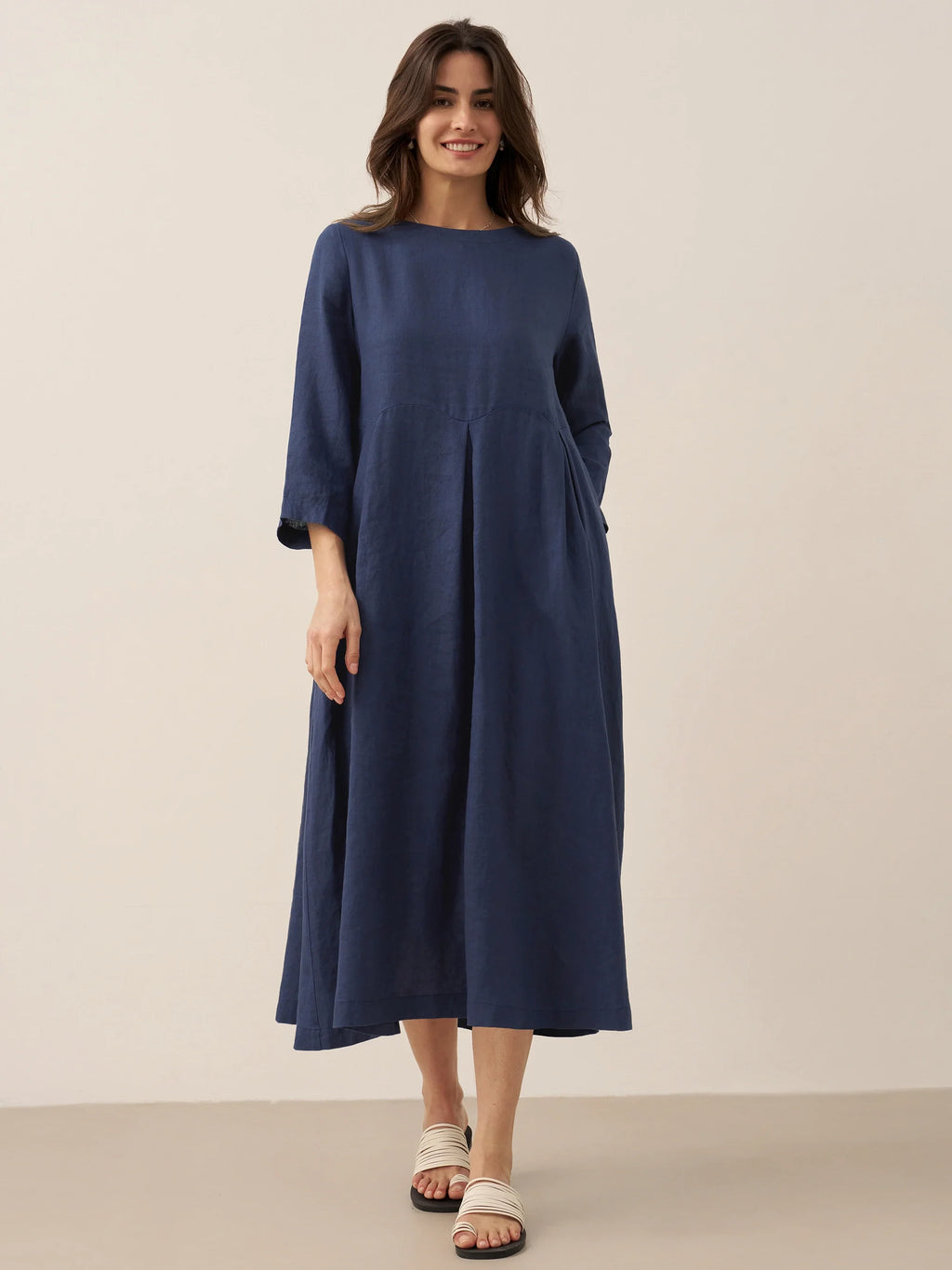 LINTICO 100% Linen Bateau Neck Pleated Maxi Dress — main product shot