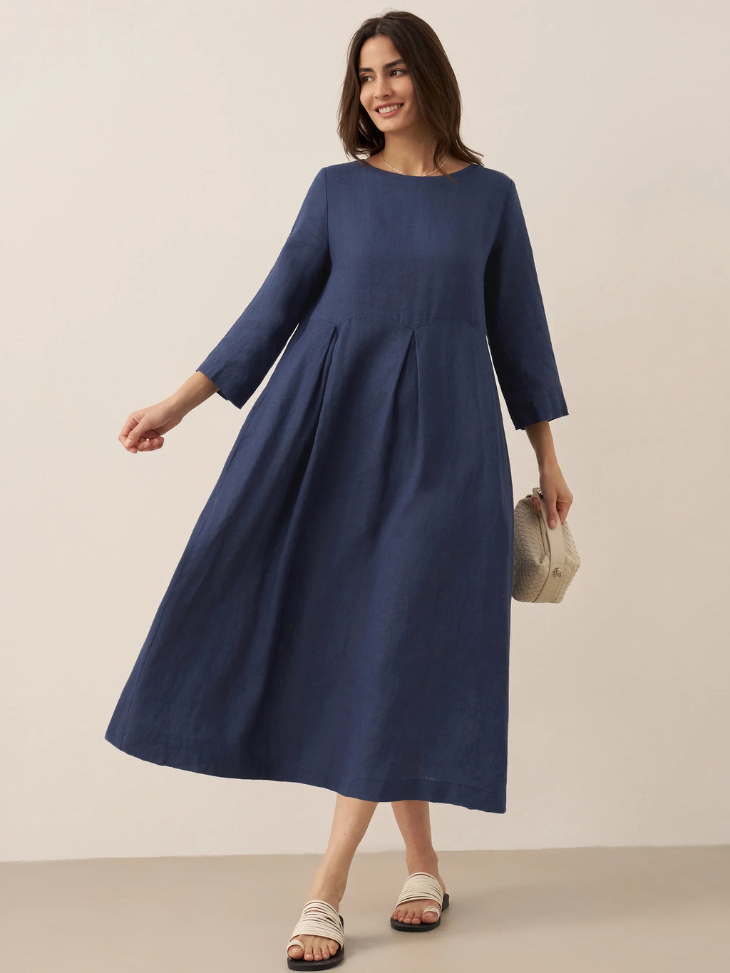 LINTICO 100% Linen Bateau Neck Pleated Maxi Dress — lifestyle worn / used context