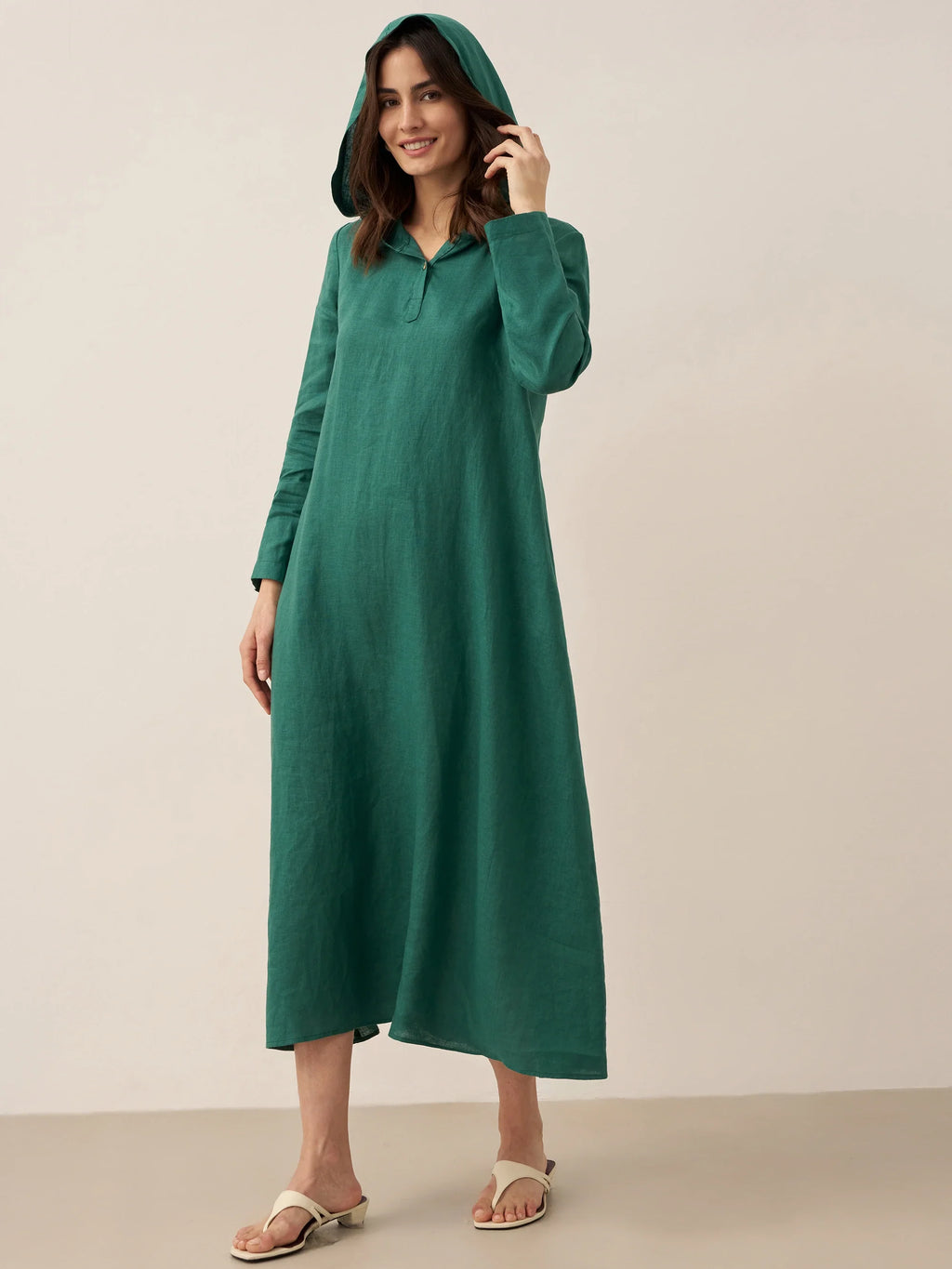LINTICO 100% Linen Hooded Pullover Maxi Dress REBECCA — in-use photo