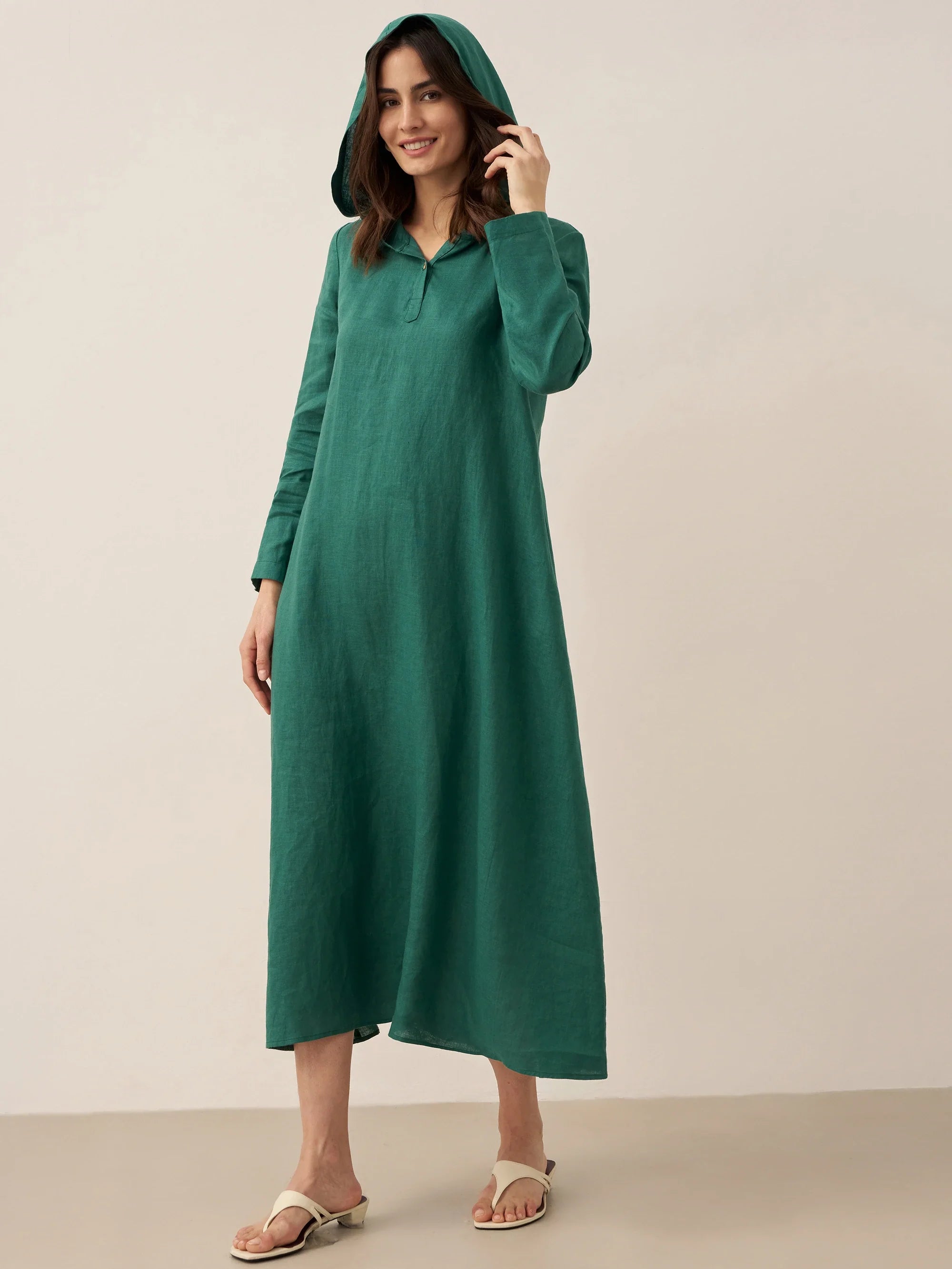LINTICO 100% Linen Hooded Pullover Maxi Dress REBECCA — in-use photo