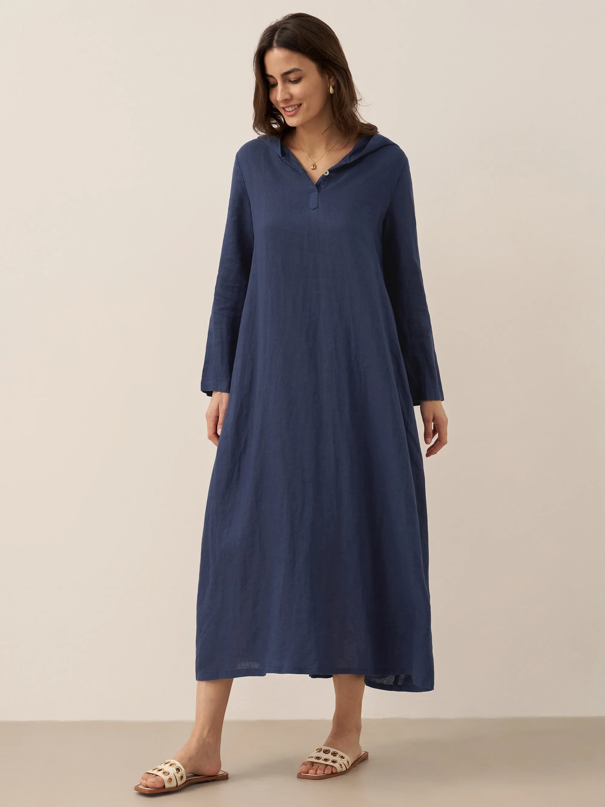 LINTICO 100% Linen Hooded Pullover Maxi Dress REBECCA — fabric or material detail