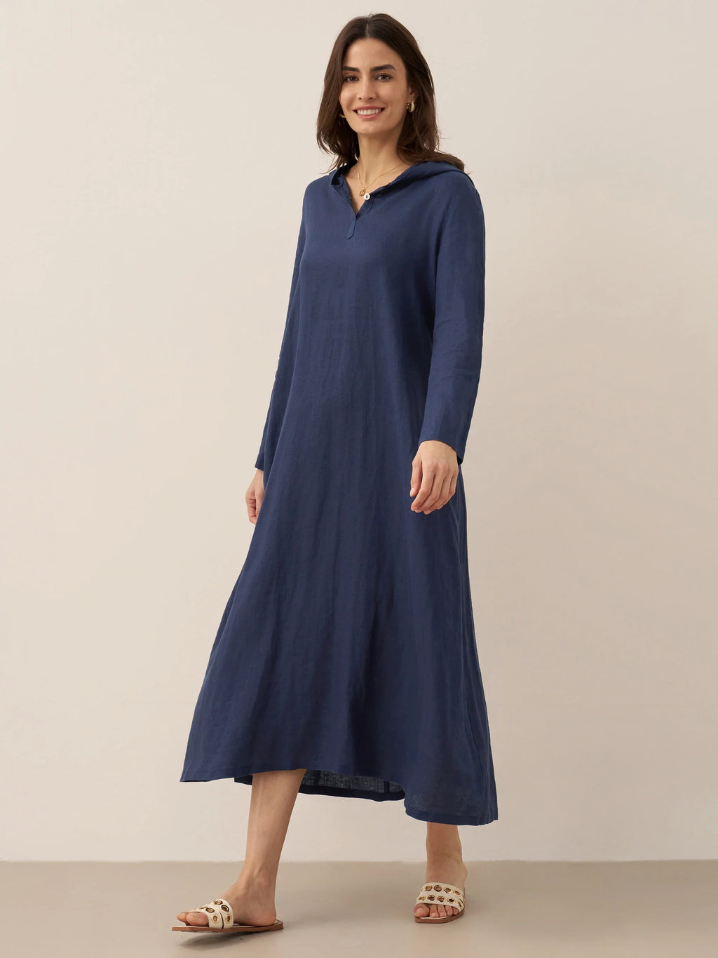 LINTICO 100% Linen Hooded Pullover Maxi Dress REBECCA — product on model