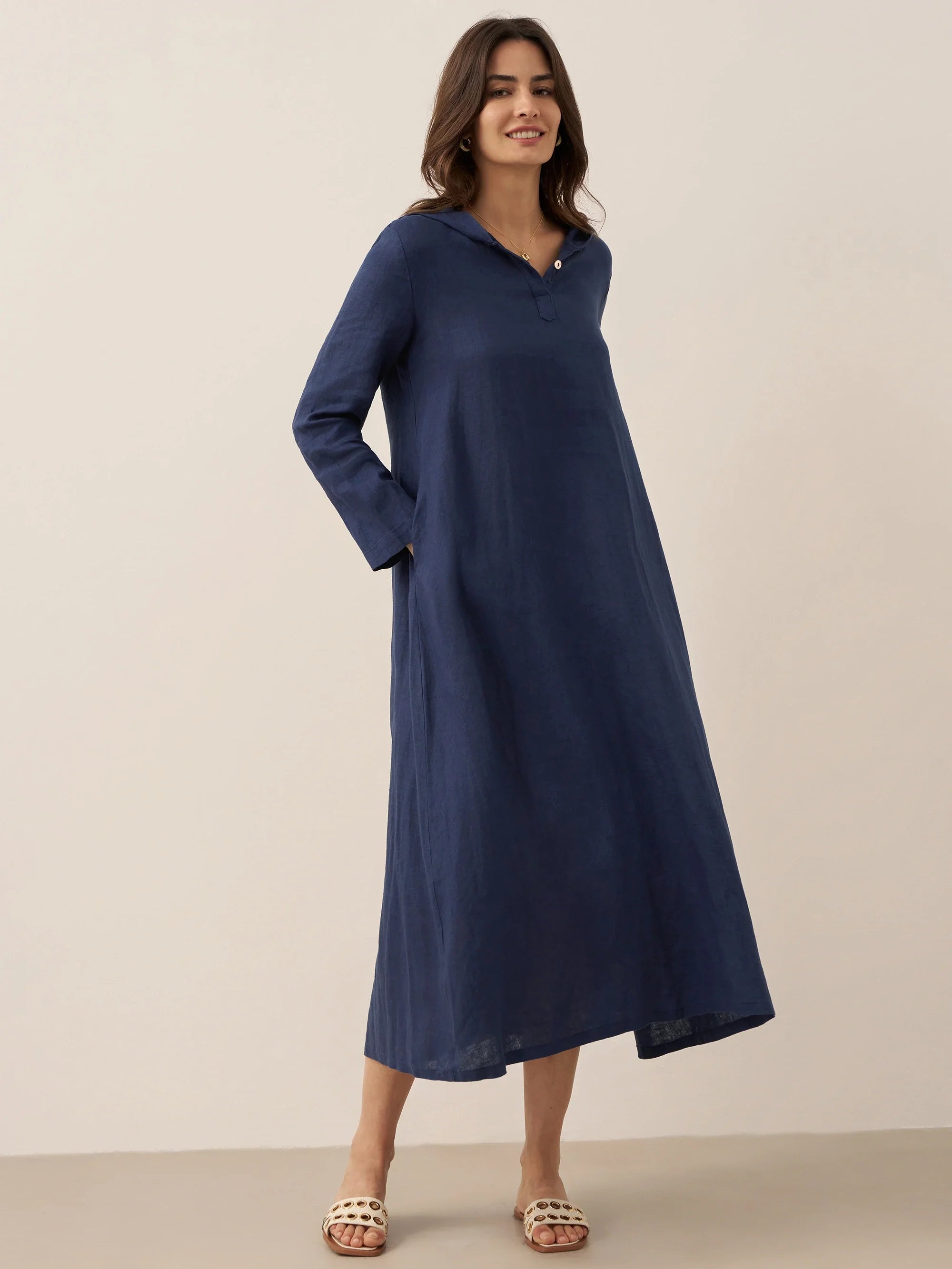 LINTICO 100% Linen Hooded Pullover Maxi Dress REBECCA — flat-lay composition