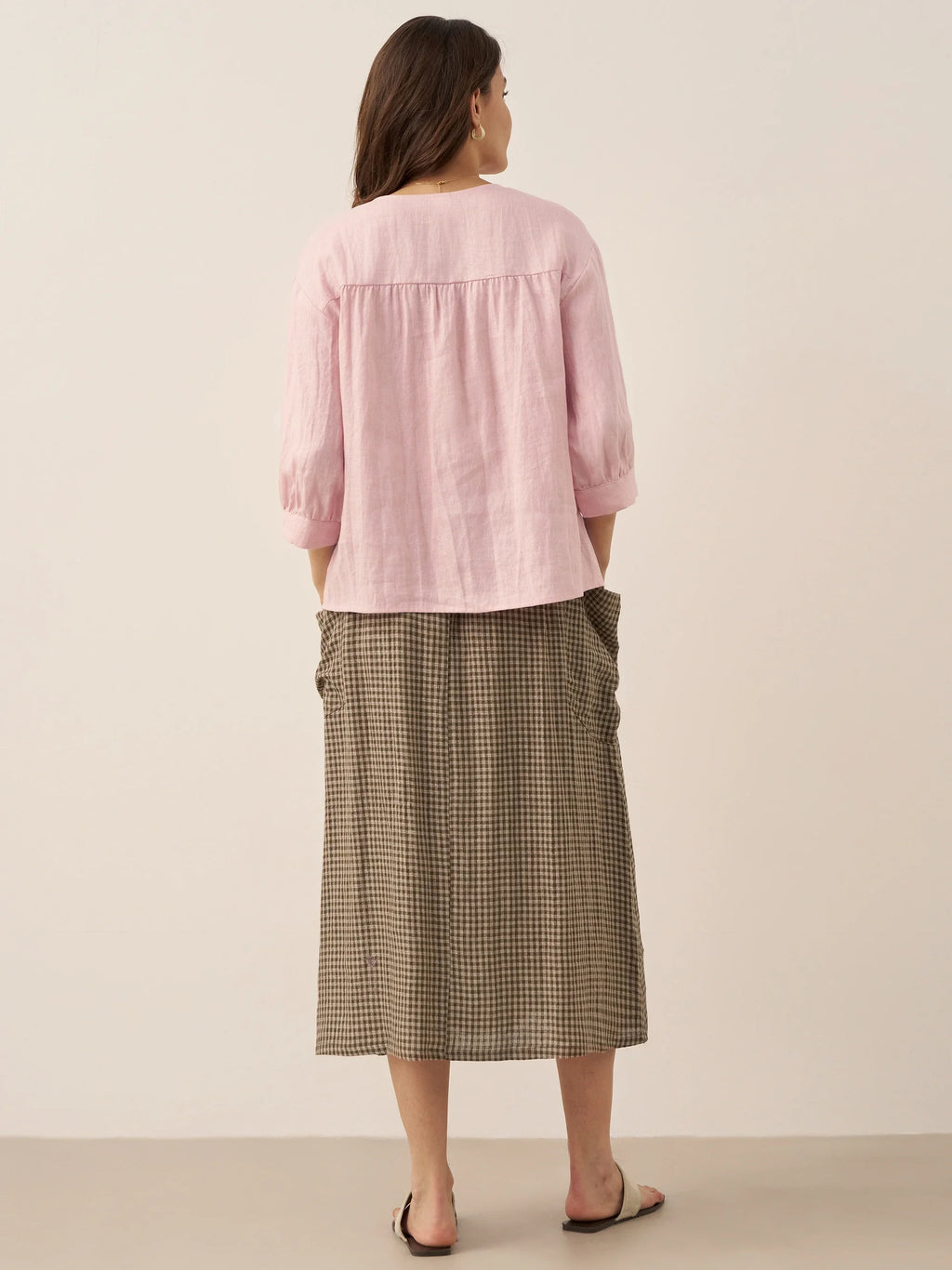 LINTICO Linen Checked Elastic Waist Skirt MARINA — detail shot 9