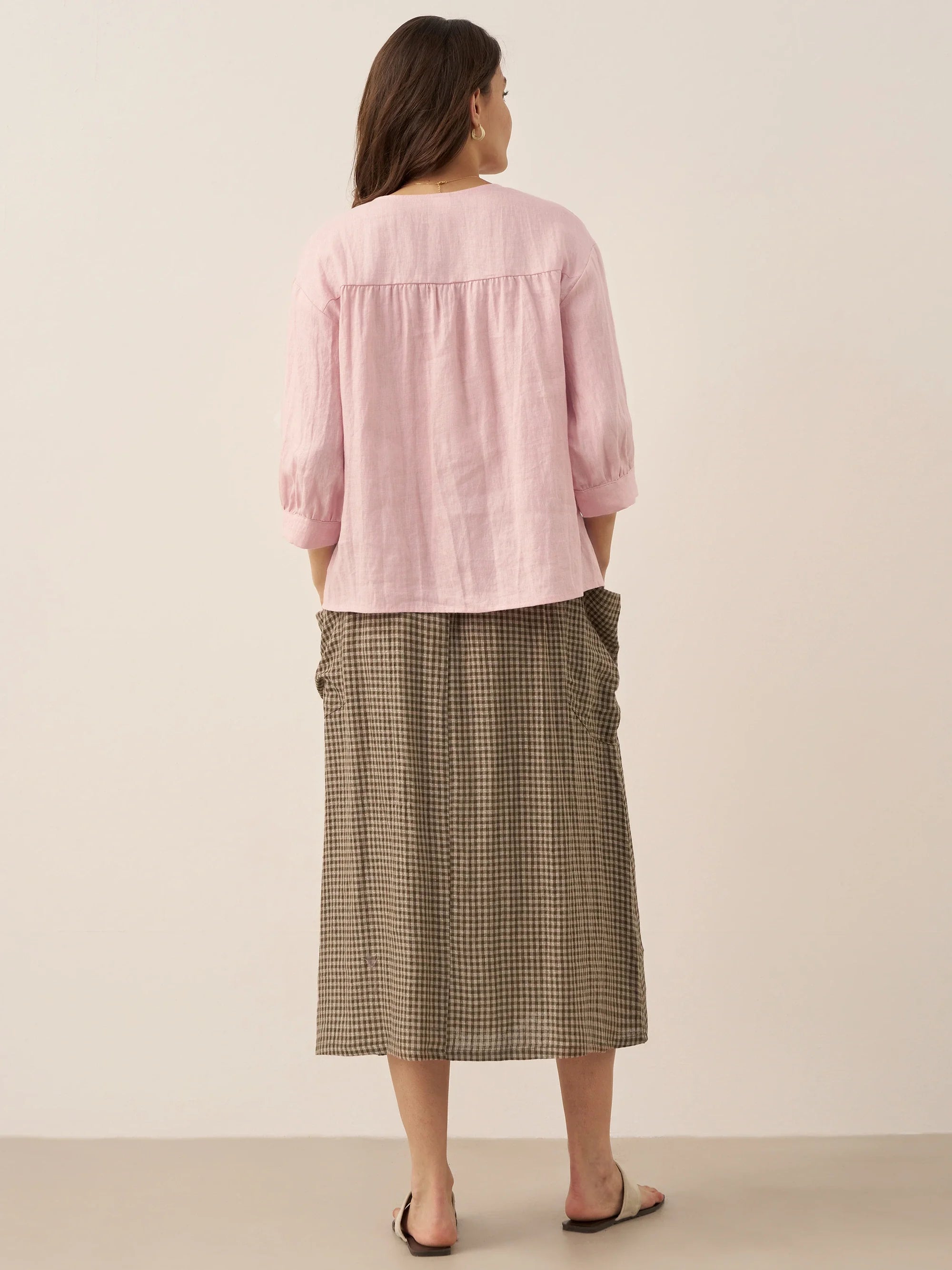 LINTICO Linen Checked Elastic Waist Skirt MARINA — detail shot 9