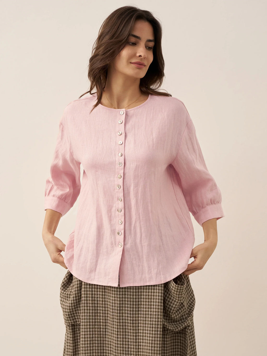 LINTICO 100% Linen Button-Front Drop Shoulder Shirt EASTER — product on model