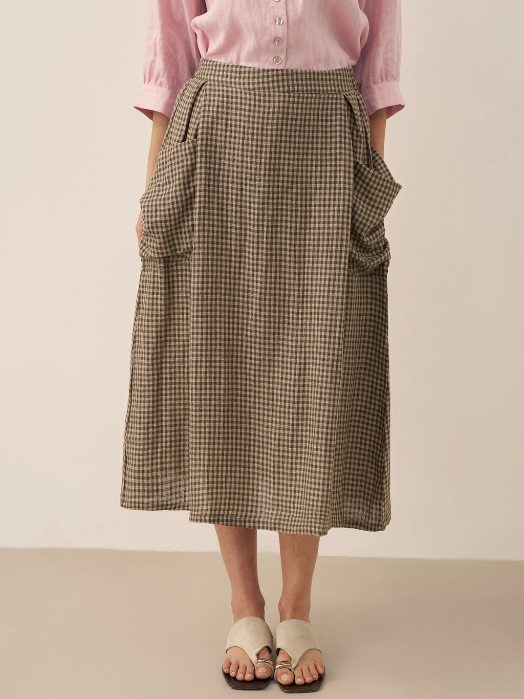 LINTICO Linen Checked Elastic Waist Skirt MARINA — main product shot